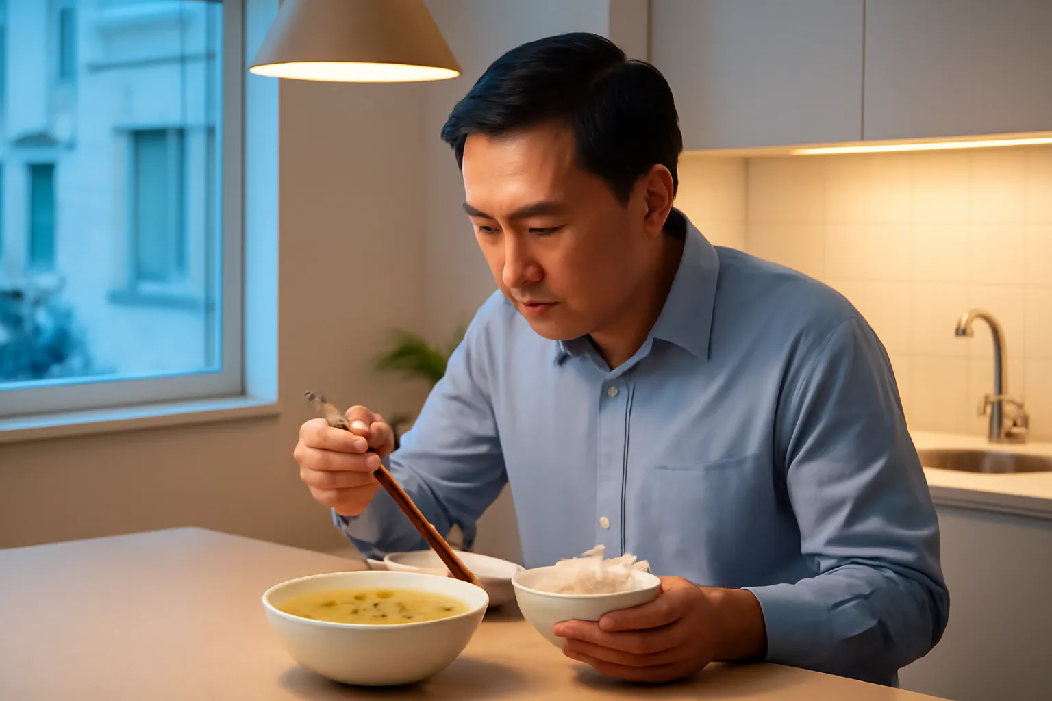 Nhân viên về muộn ăn bát canh trong bếp chung cư ánh đèn ấm