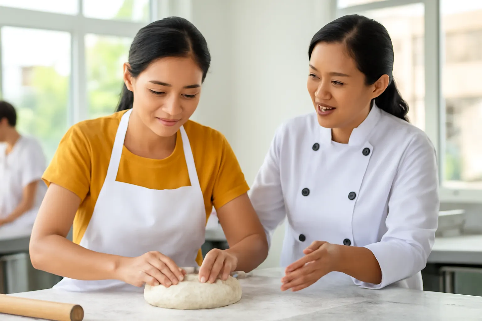 Người phụ nữ ba mươi mấy tuổi học làm bánh trong lớp dạy nghề
