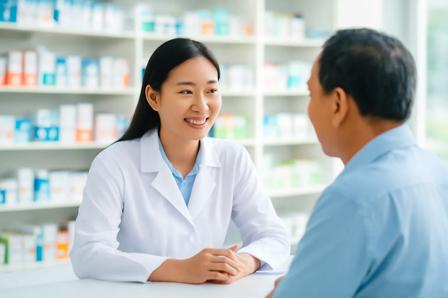 Dược sĩ ở quầy thuốc trò chuyện với khách, kệ thuốc phía sau mờ