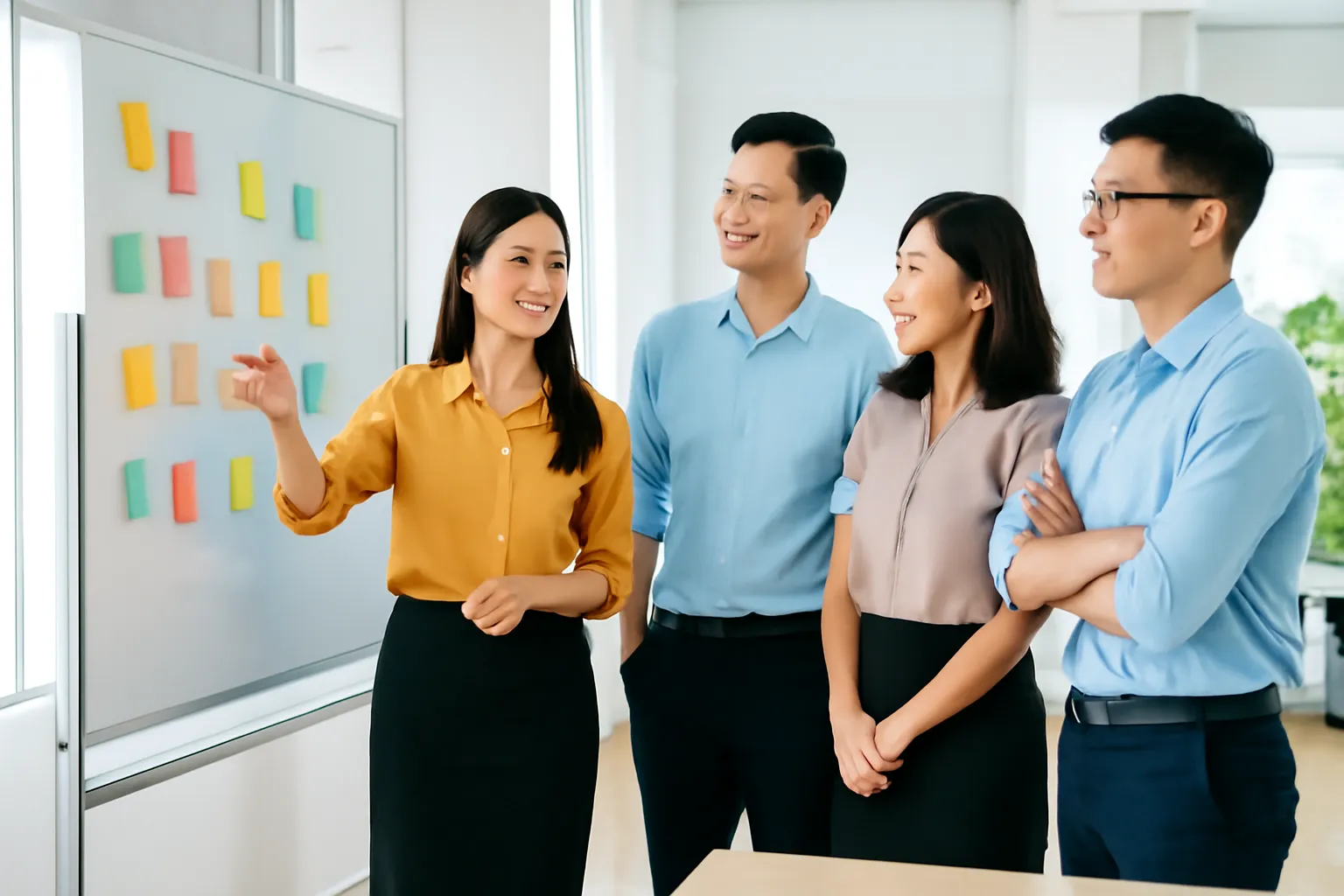 Nhóm làm việc đứng quanh bảng dán giấy ghi chú màu trơn