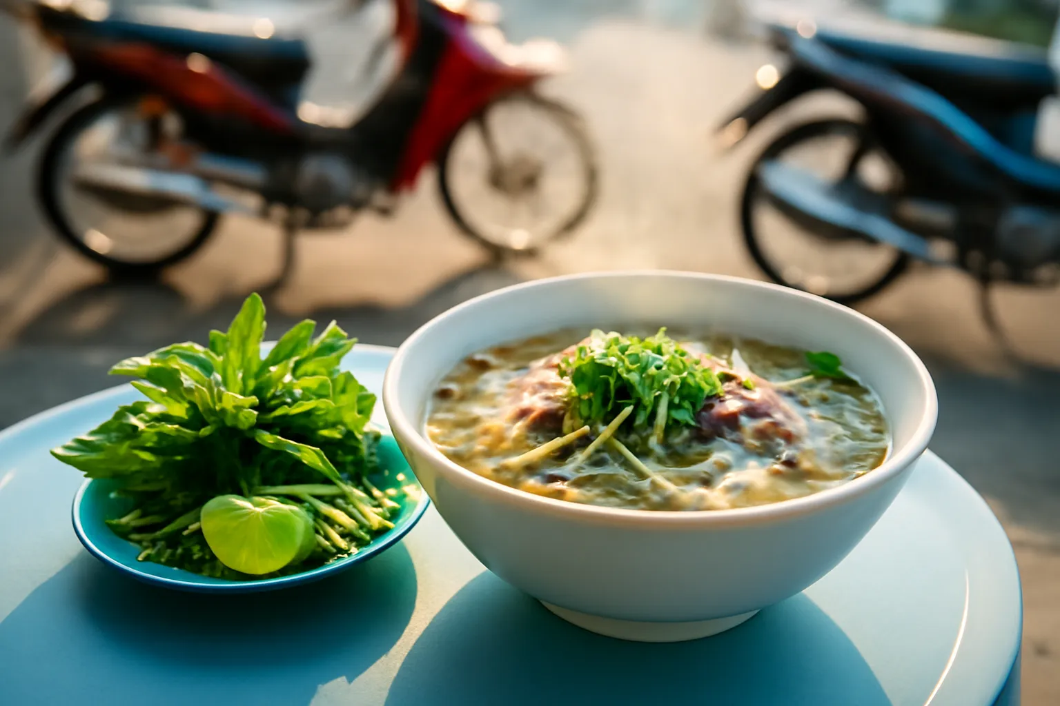 Bát phở nghi ngút khói trên bàn quán vỉa hè buổi sớm
