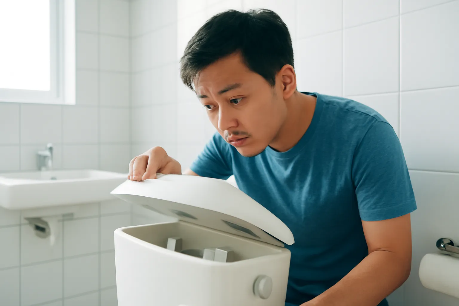 Người đàn ông mở nắp két nước bồn cầu trong phòng tắm sáng sủa