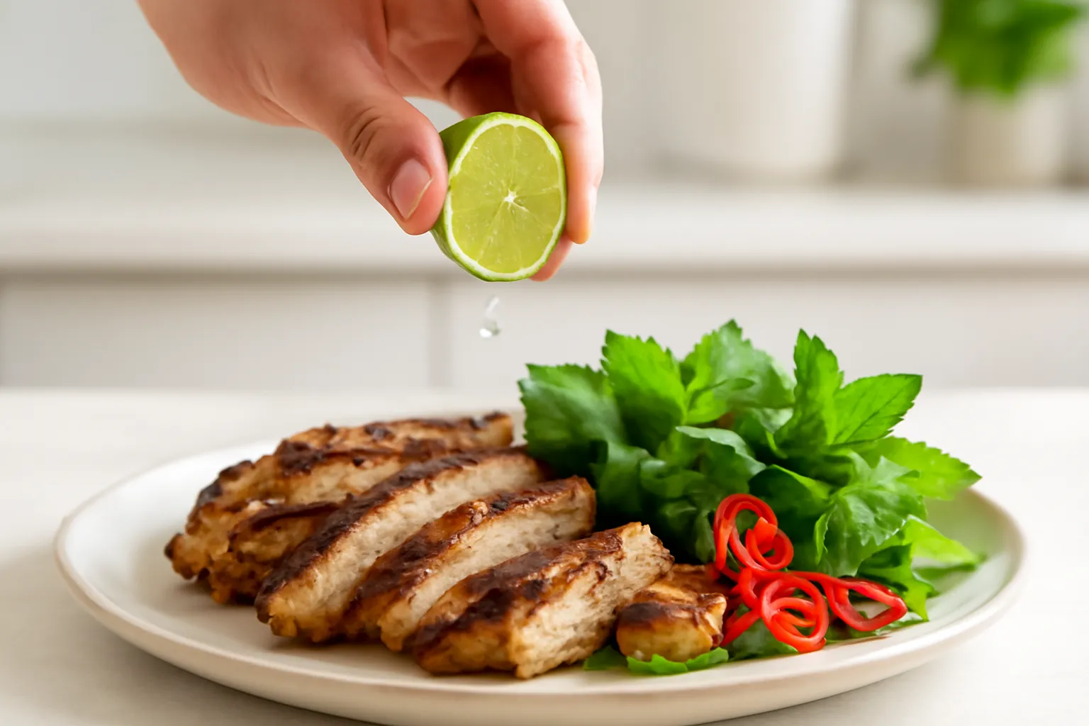 Bàn tay vắt chanh lên đĩa rau thơm và thịt nướng