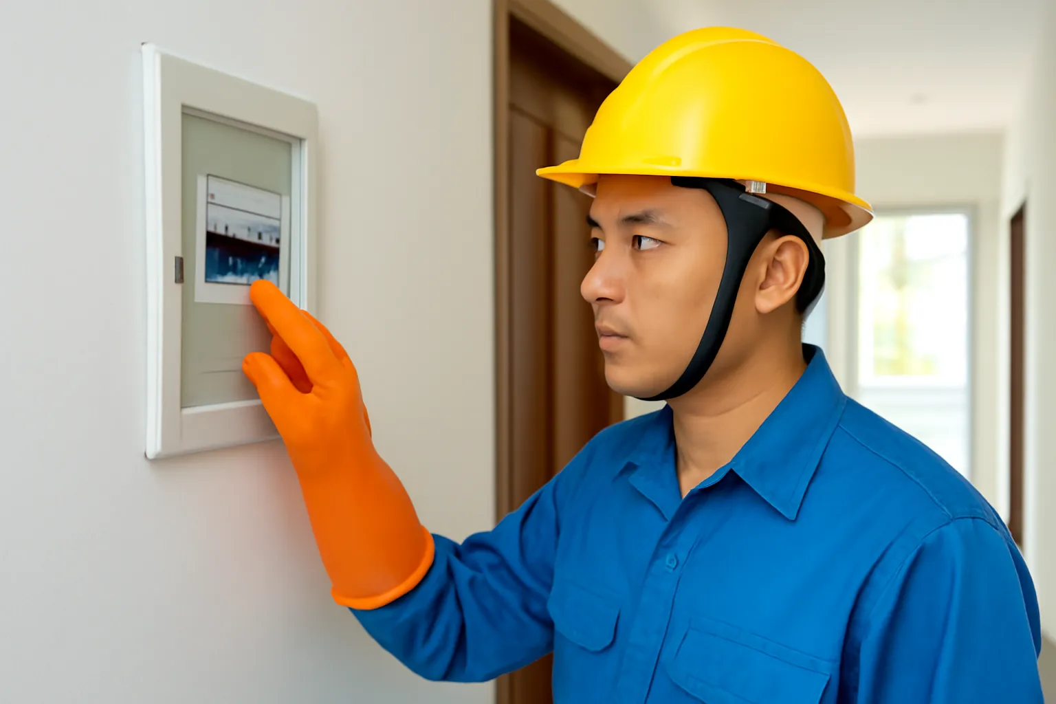 Thợ điện đội mũ bảo hộ kiểm tra tủ điện gia đình