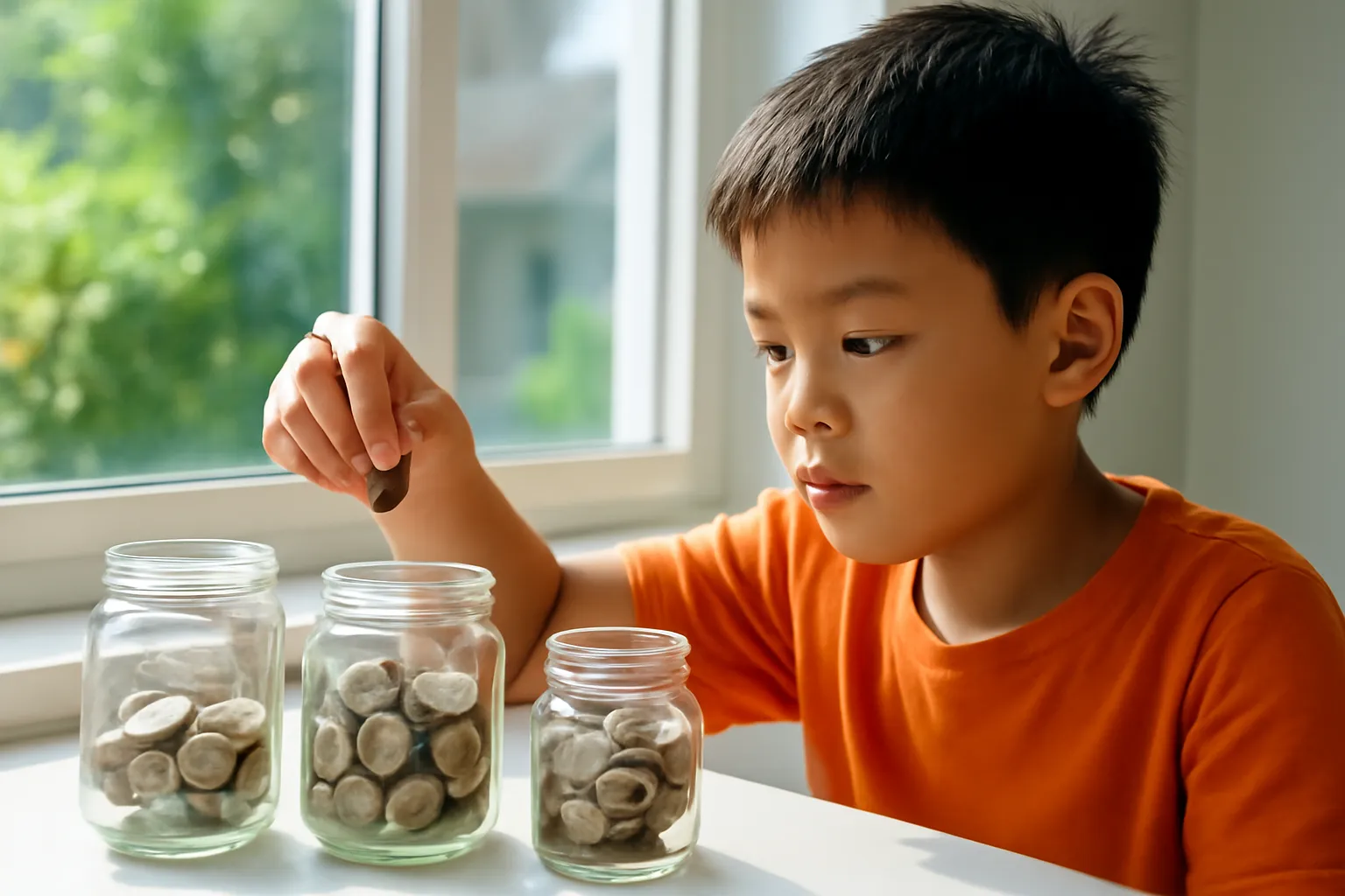 Cậu bé bỏ đồng xu vào hũ thuỷ tinh trên bệ cửa sổ