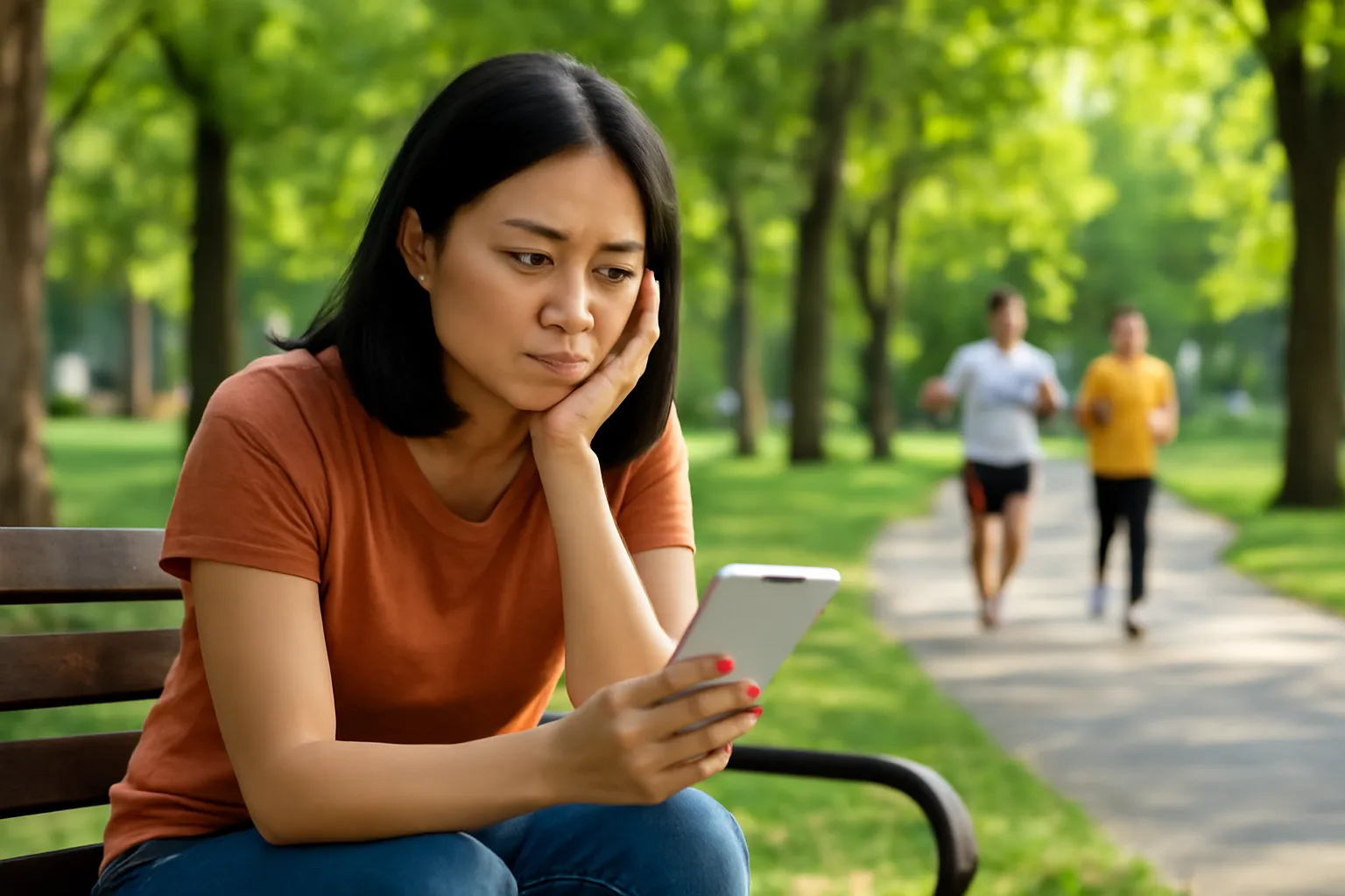 Người phụ nữ ngồi ghế đá công viên nhìn điện thoại với màn hình trống