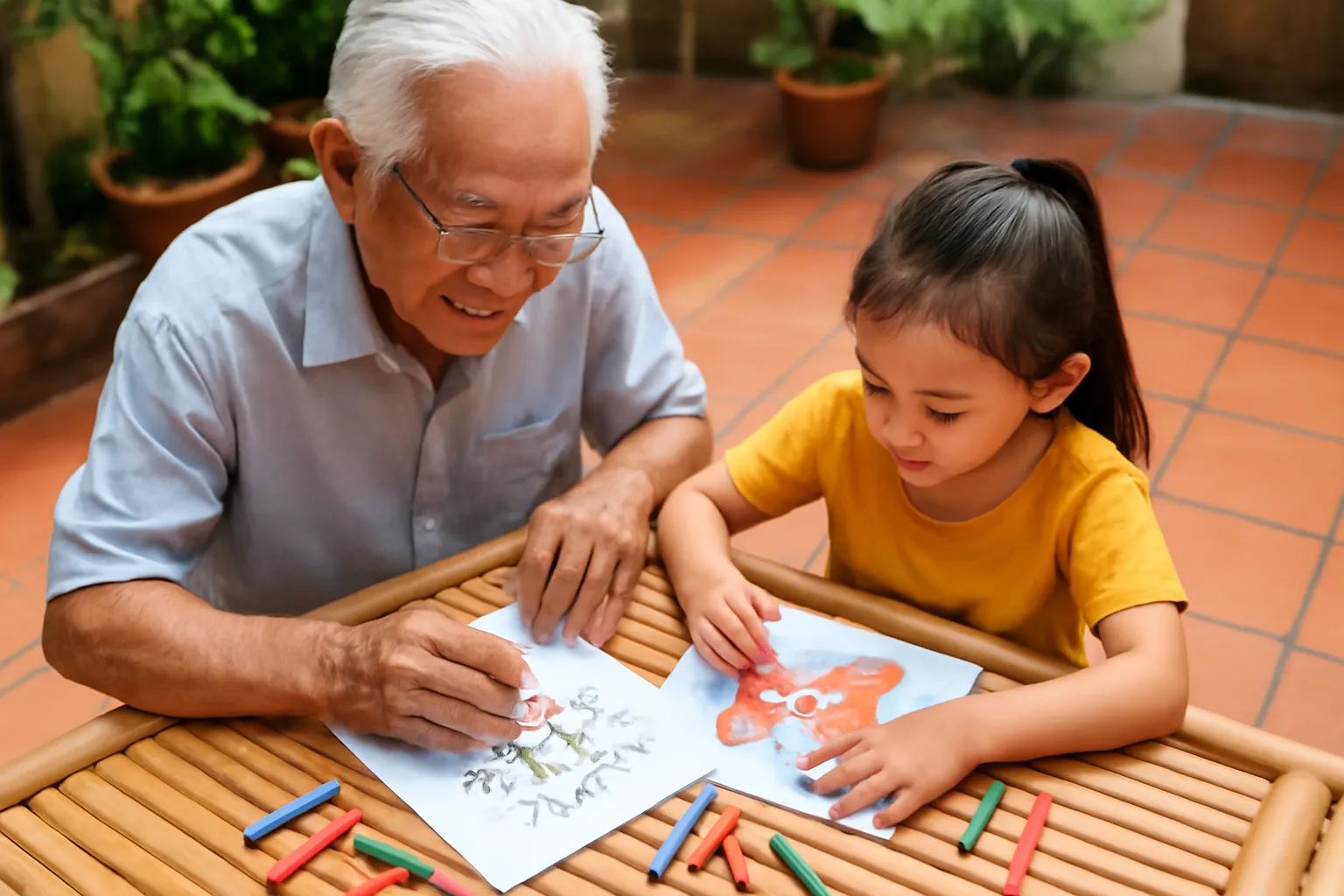 Bé gái tô màu cùng ông ngoại ở bàn tre ngoài sân