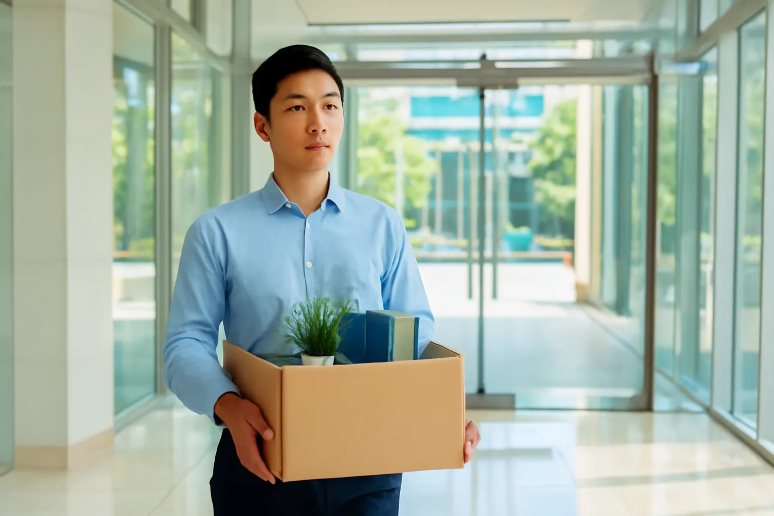 Người thanh niên ôm thùng giấy đồ cá nhân bước ra sảnh toà nhà