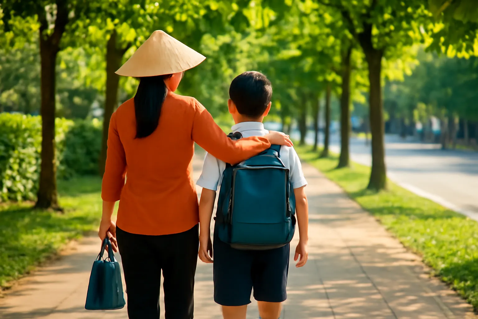 Mẹ đón con ở cổng trường, ôm vai con đi bộ về