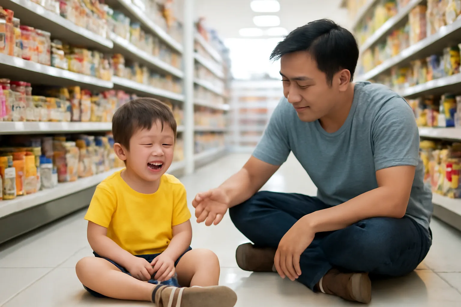 Bé trai ngồi bệt giữa lối đi siêu thị, bố ngồi xuống bên cạnh