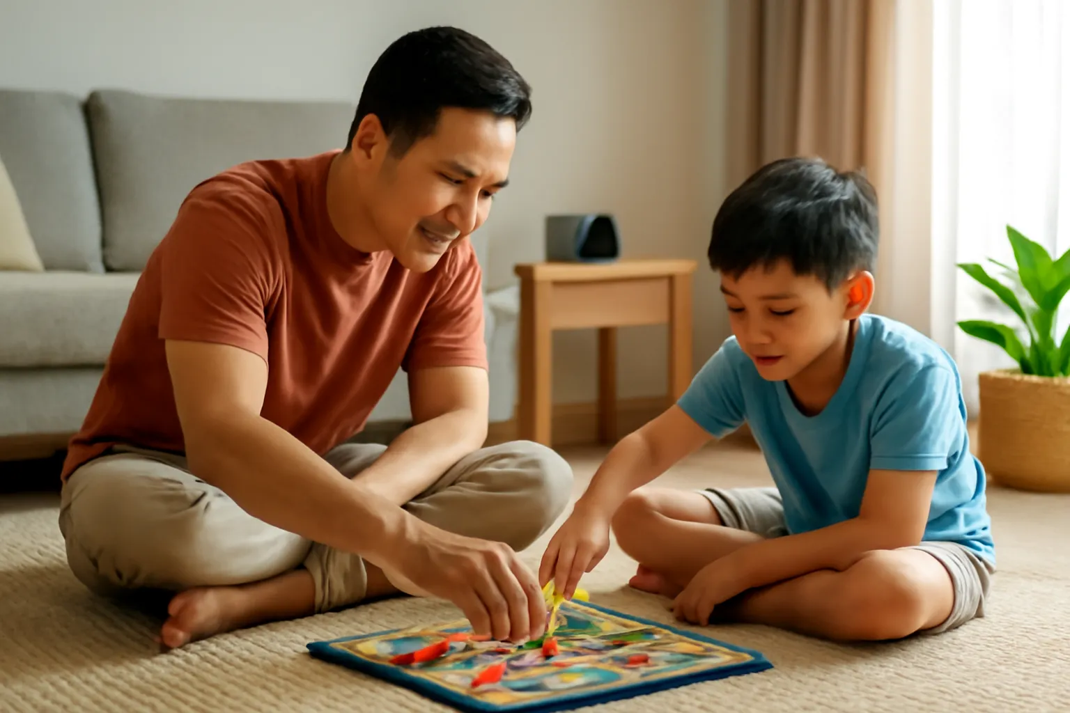 Bố và con trai chơi cờ trên thảm, điện thoại úp trên kệ