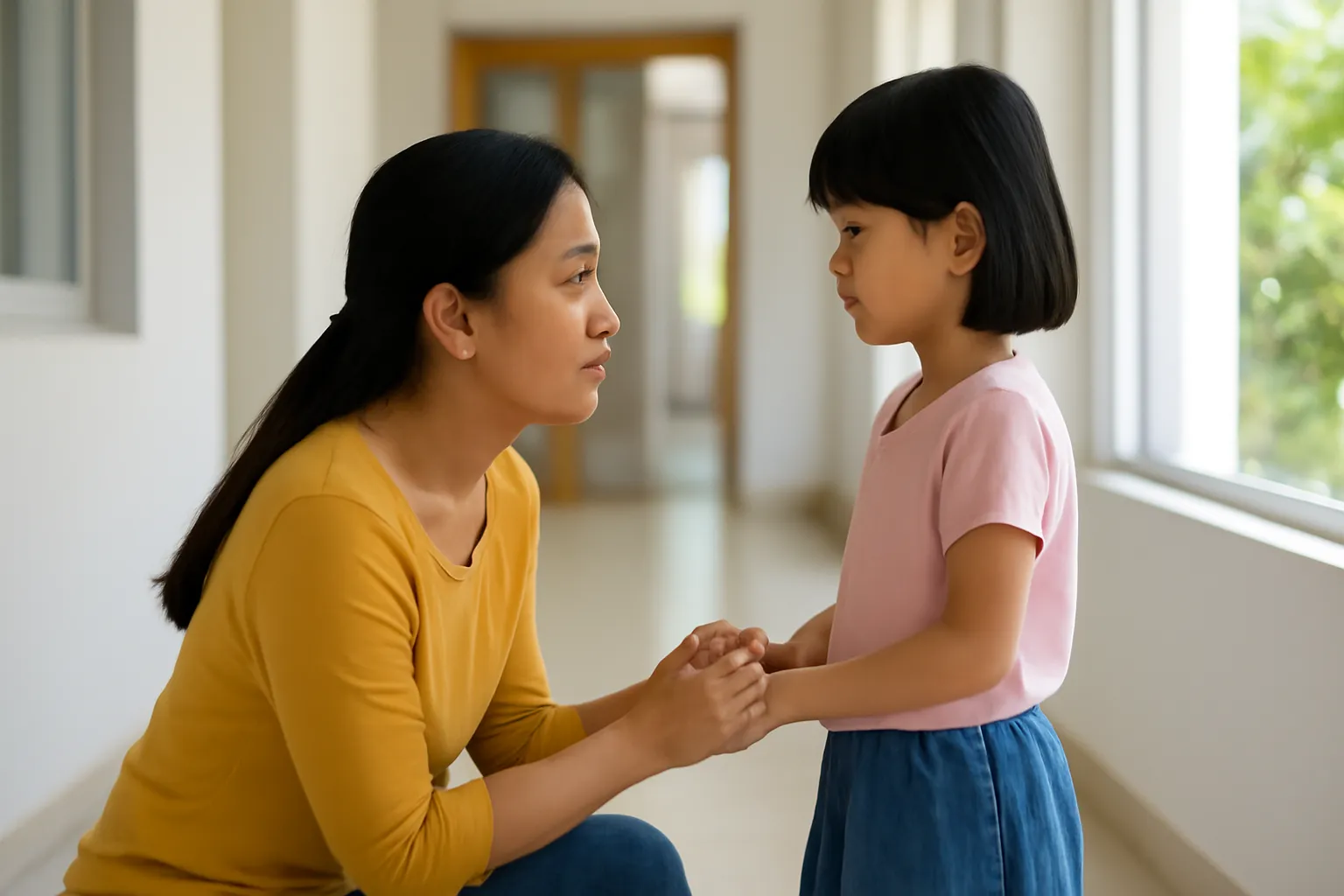Mẹ ngồi xổm ngang tầm mắt trò chuyện với con gái nhỏ