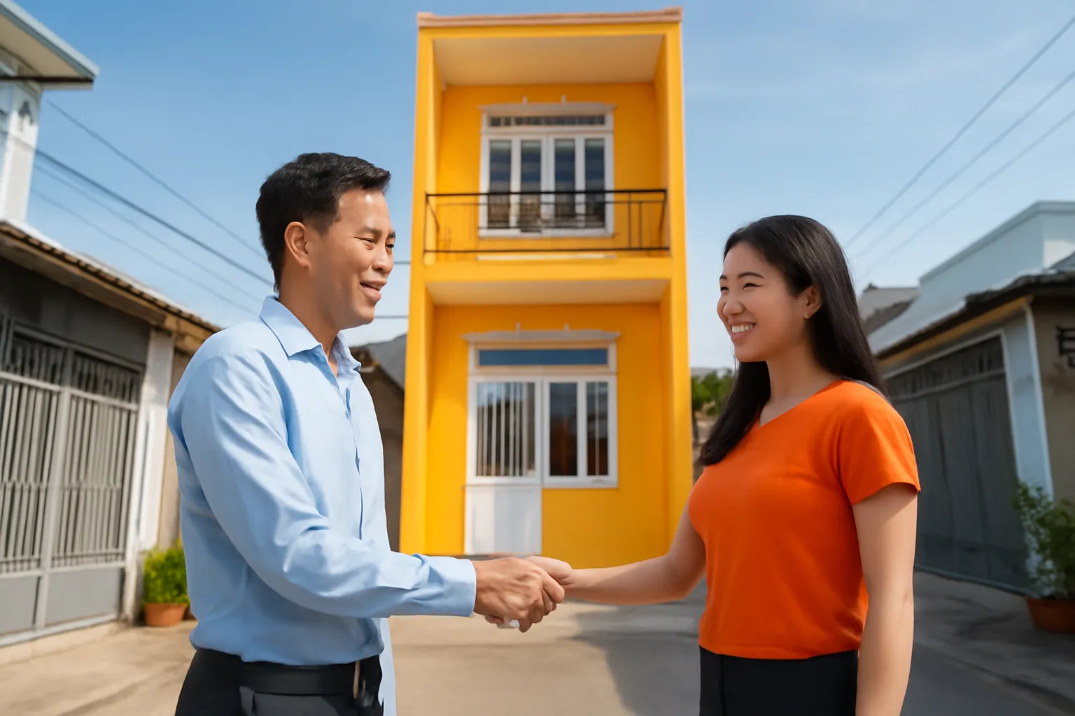 Người mua và chủ nhà bắt tay trước căn nhà phố mới sơn