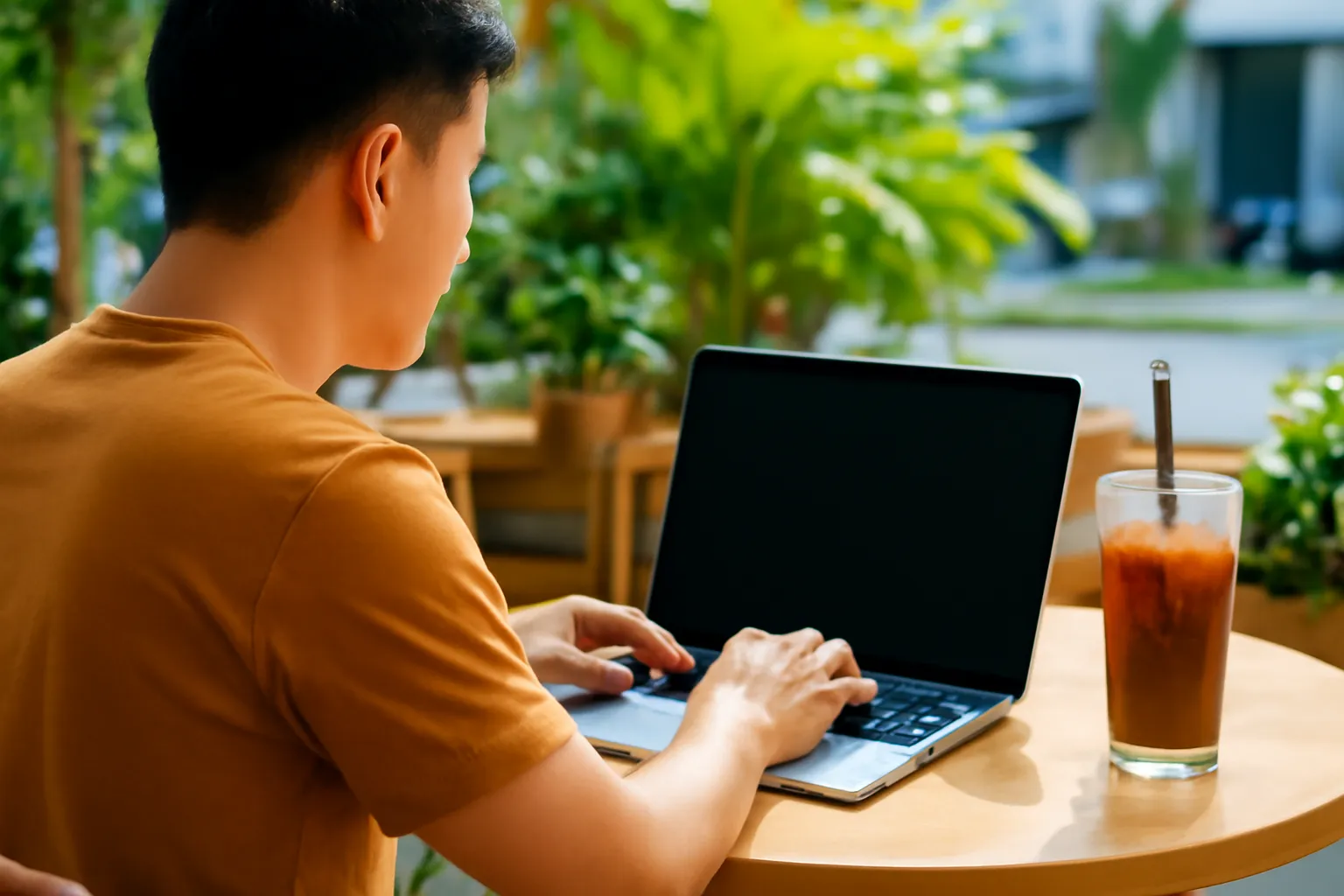 Người đàn ông gõ máy tính xách tay ở quán cà phê, màn hình quay đi