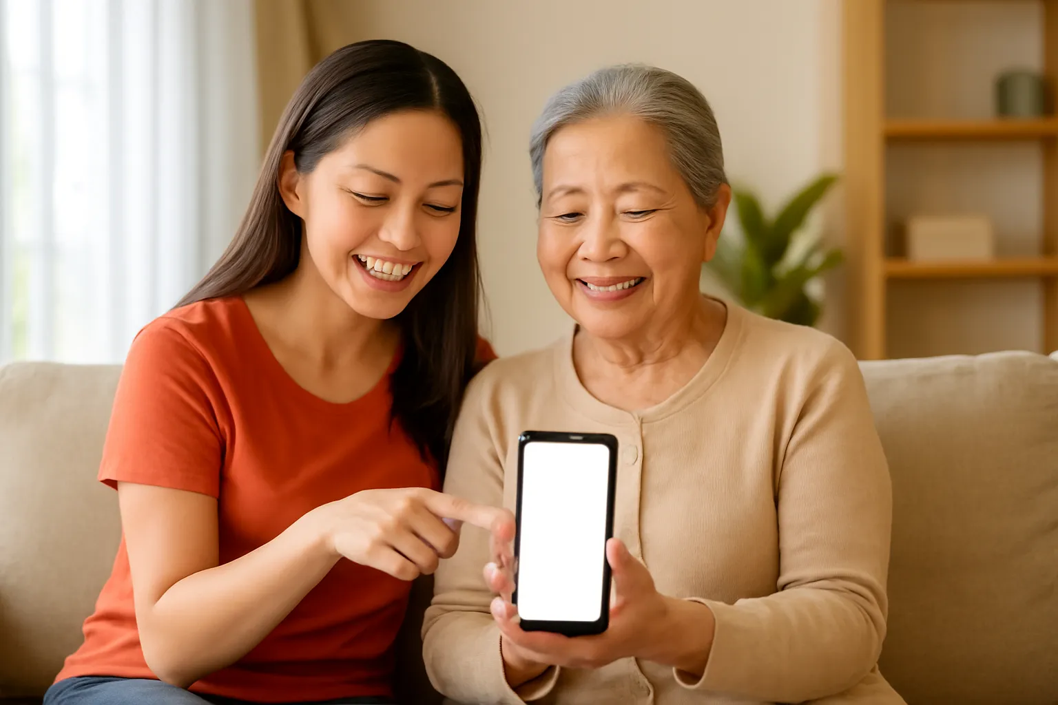 Con gái ngồi cạnh mẹ già, chỉ vào điện thoại có màn hình trống