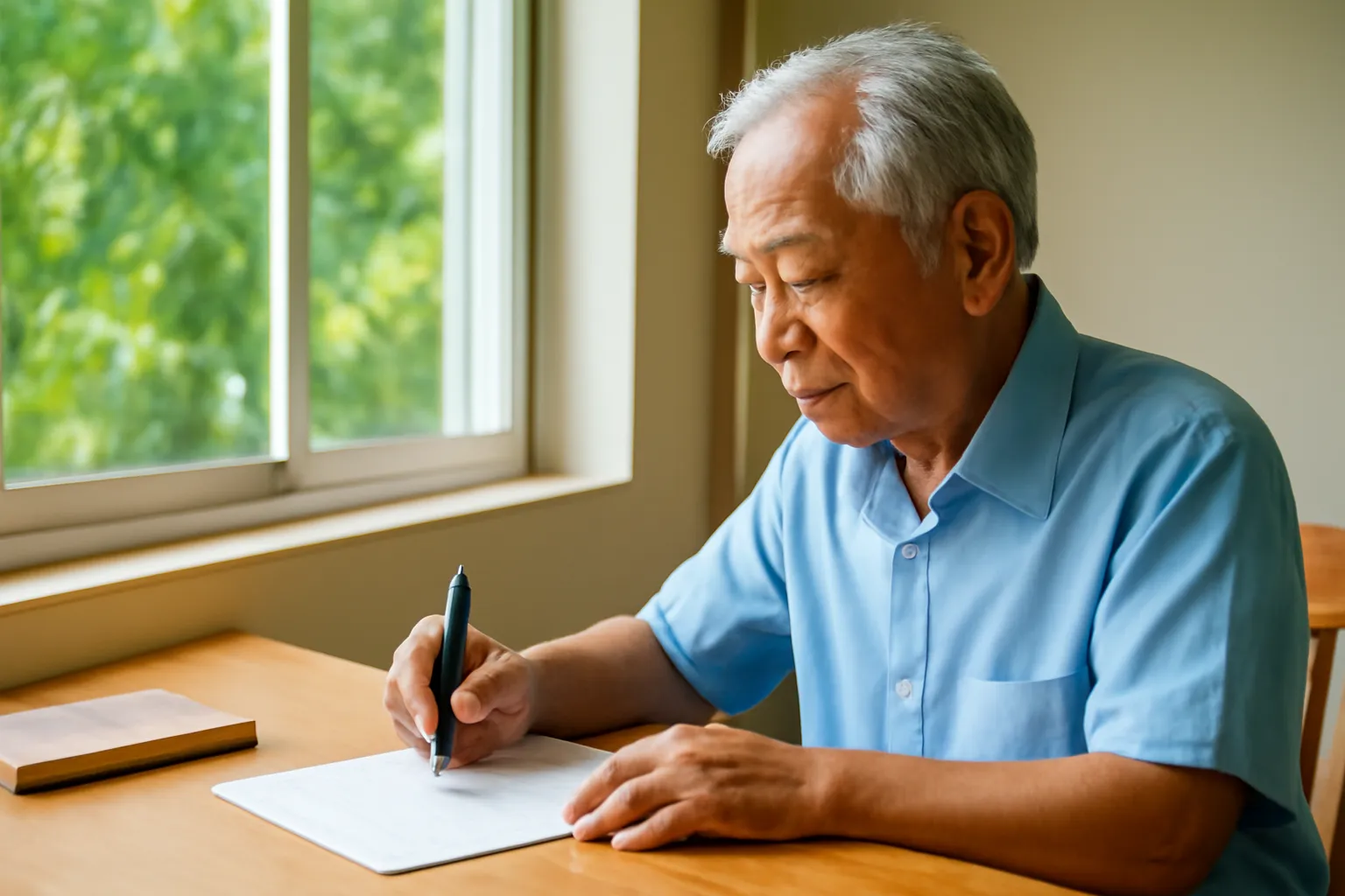 Ông cụ ngồi bàn gỗ bên cửa sổ cầm bút viết, tờ giấy chữ mờ