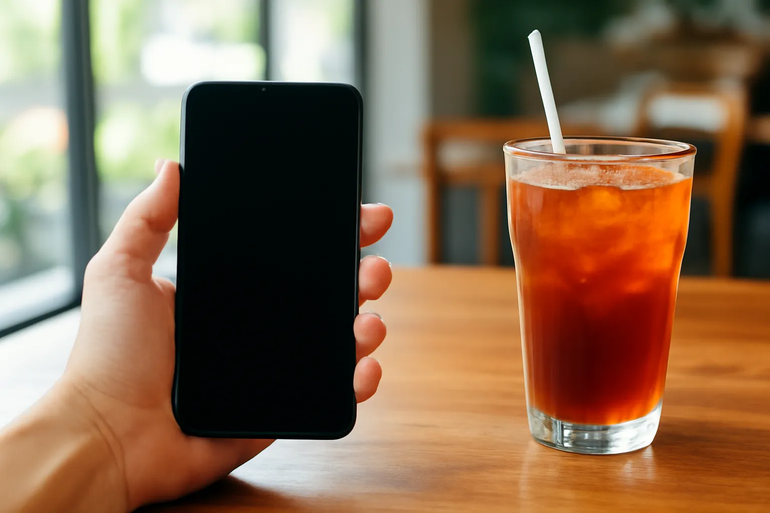 Bàn tay cầm điện thoại cạnh cốc trà đá trên bàn gỗ