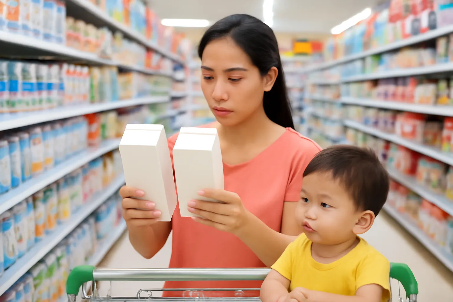 Người mẹ cầm hai hộp sữa so sánh ở lối đi siêu thị, chữ trên hộp mờ