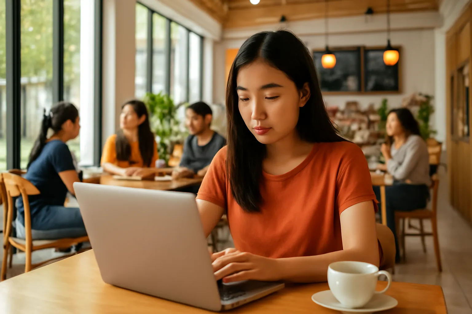 Sinh viên làm bài trên máy tính trong quán cà phê đông người