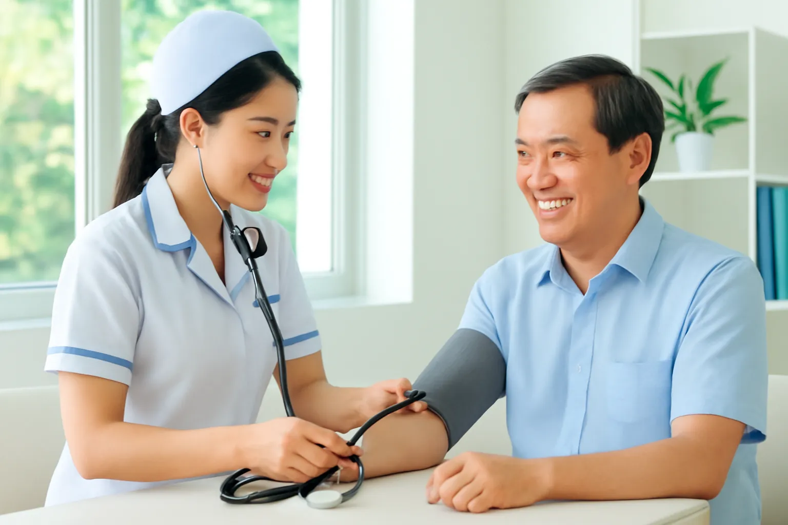 Y tá đo huyết áp cho người đàn ông trung niên trong phòng khám sáng sủa