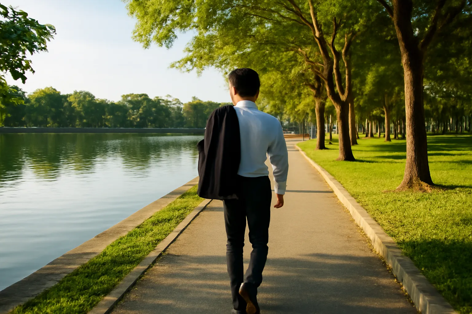 Người đàn ông đi bộ một mình dọc bờ hồ lúc chiều muộn