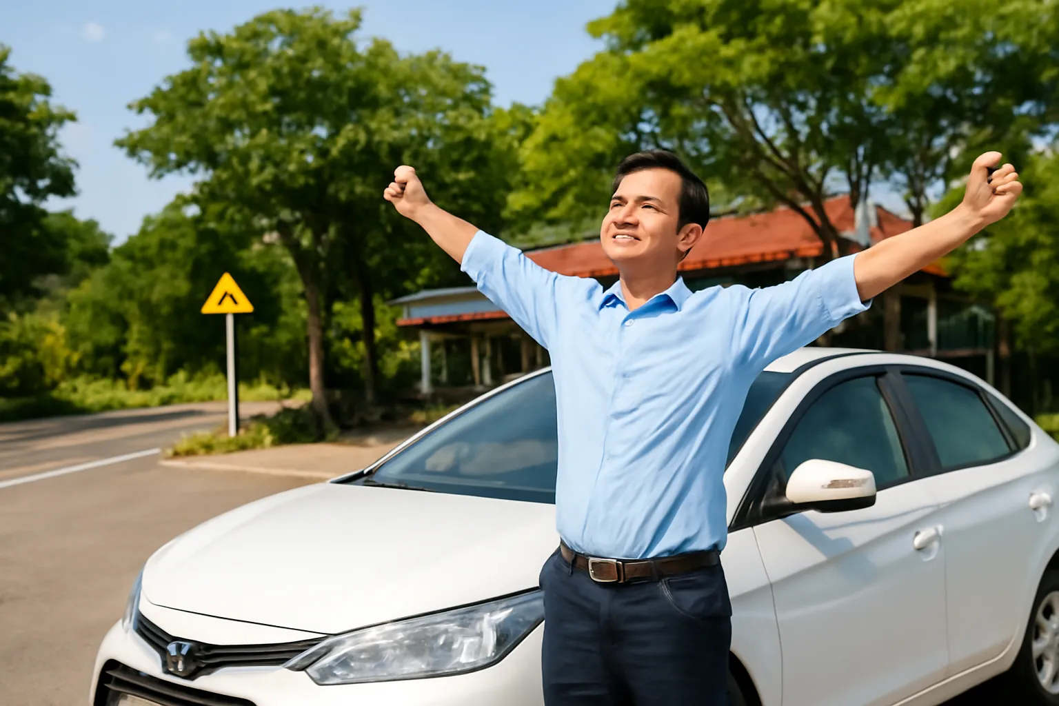 Tài xế nghỉ ở trạm dừng nghỉ, đứng duỗi tay cạnh ô tô