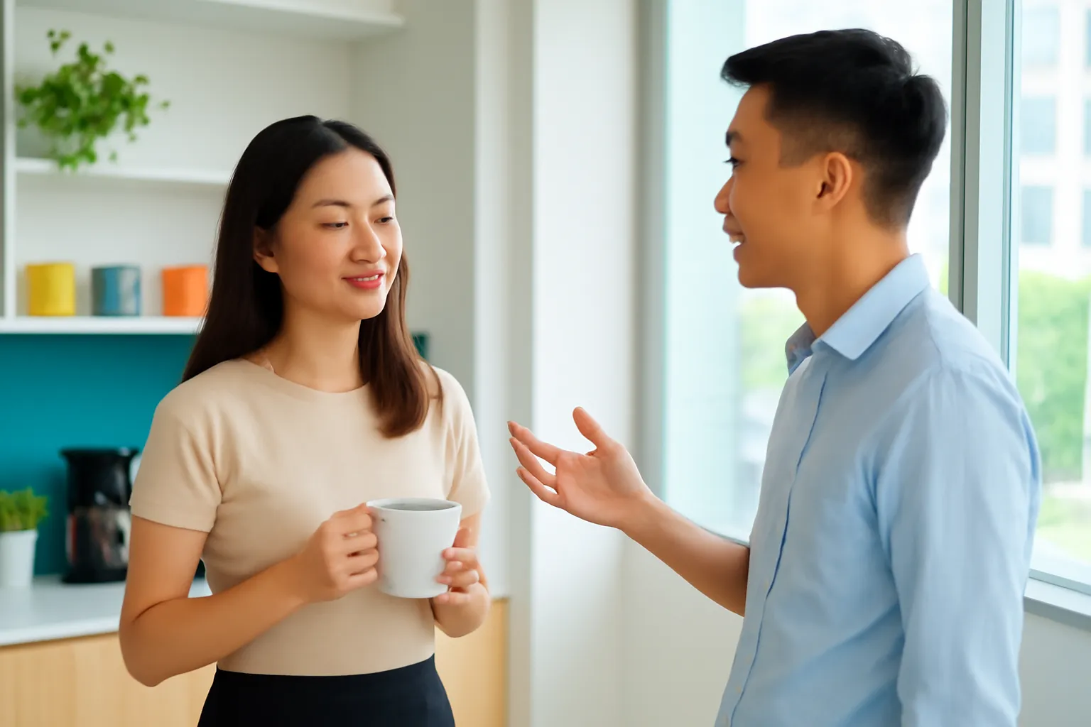 Hai đồng nghiệp trò chuyện ở góc pha trà, một người mỉm cười lắc đầu