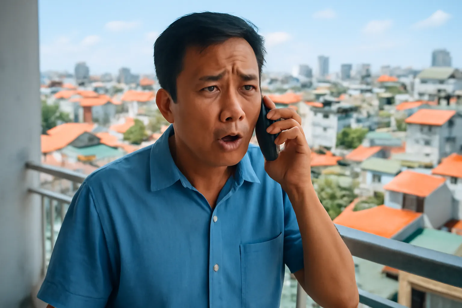 Người đàn ông gọi điện gấp ở ban công, gương mặt lo lắng