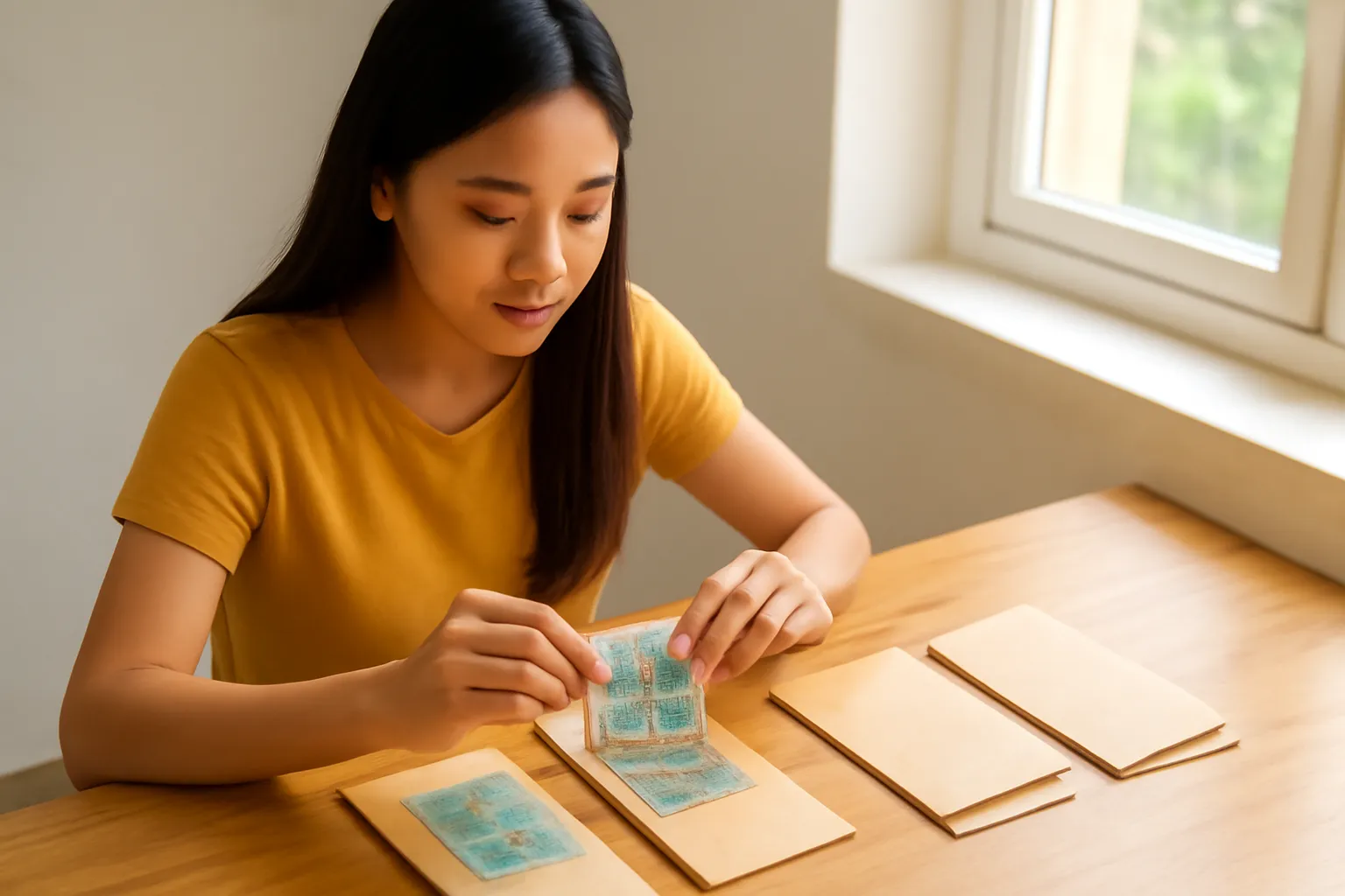Cô gái chia tiền vào mấy phong bì trên bàn gỗ cạnh cửa sổ