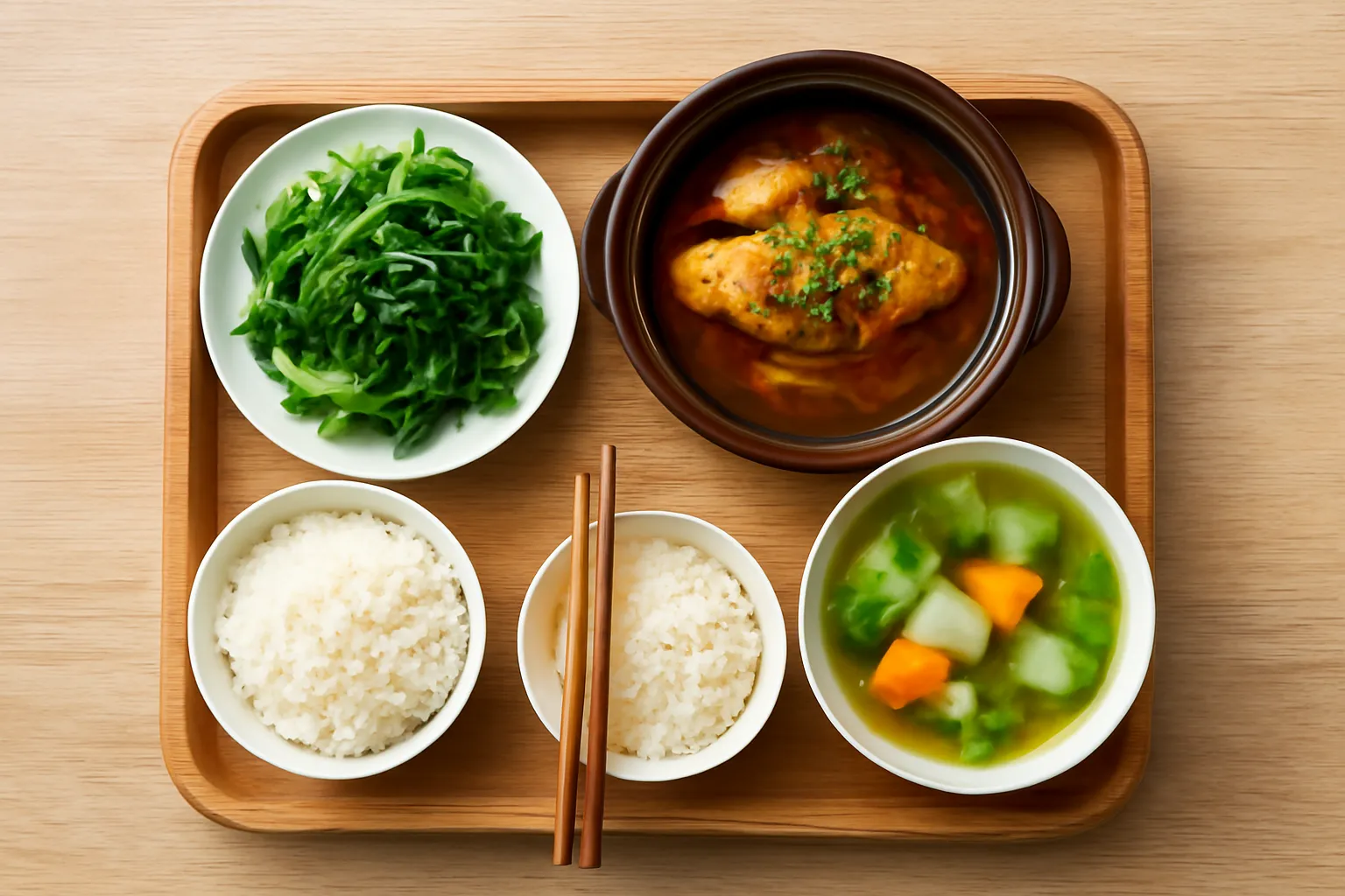 Mâm cơm gia đình nhìn từ trên xuống với rau luộc, cá kho, canh và cơm