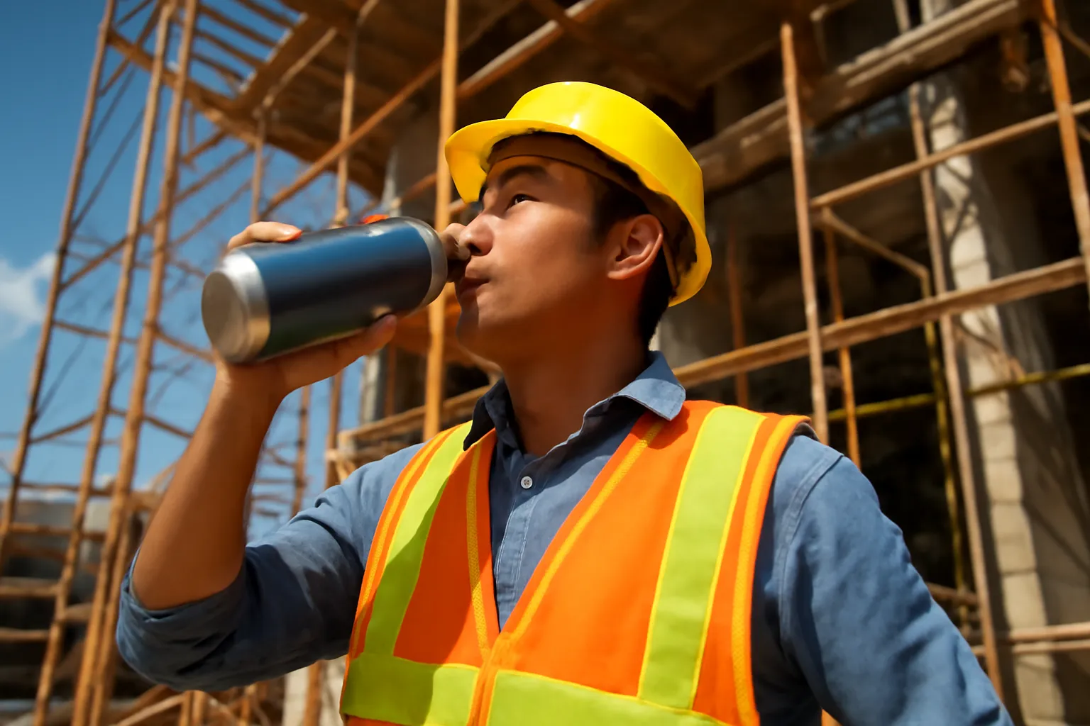 Công nhân xây dựng uống nước từ bình giữ nhiệt dưới bóng râm công trường