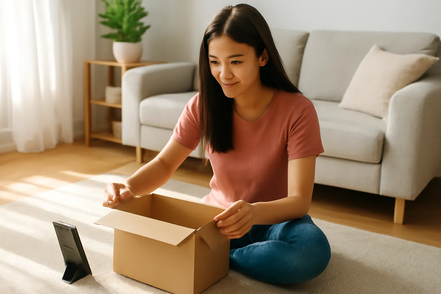 Cô gái mở hộp hàng giao tới trên sàn phòng khách
