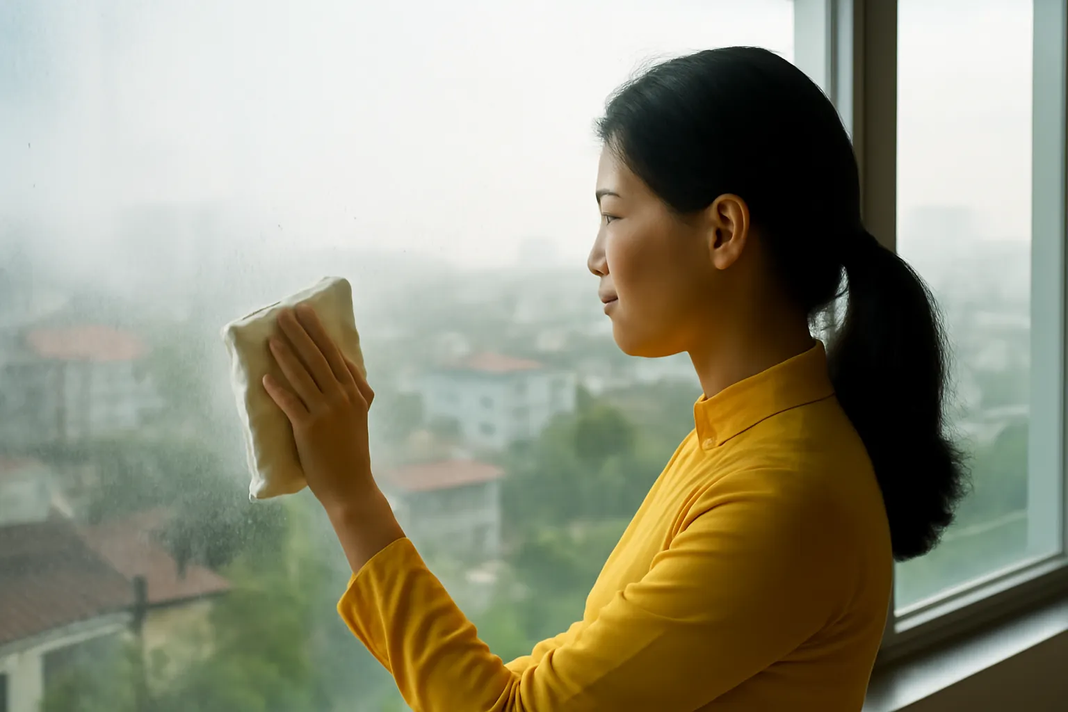 Người phụ nữ lau cửa kính đọng hơi nước, bên ngoài trời mù sương