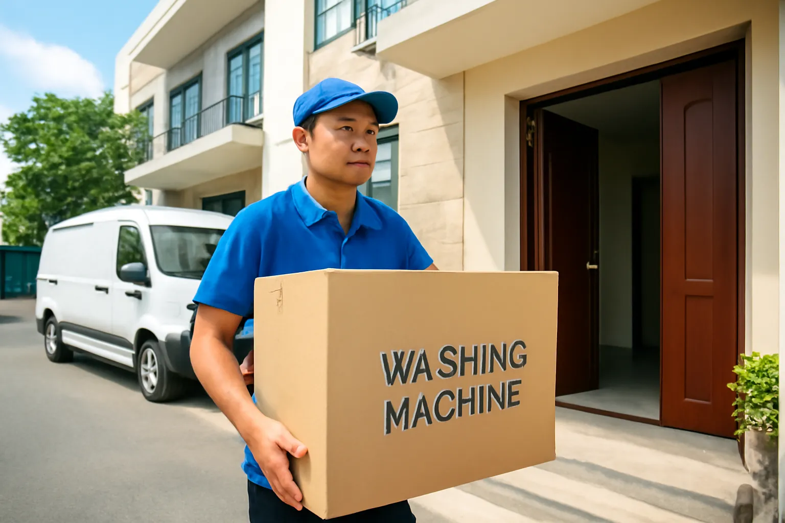 Người đàn ông bê hộp máy giặt mới vào cửa nhà phố