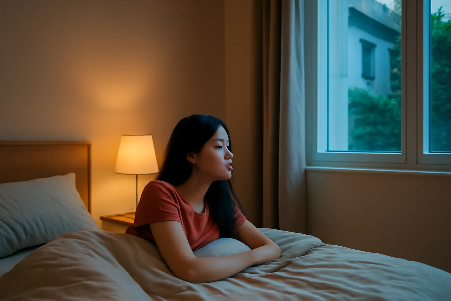 Phòng ngủ lúc chạng vạng, đèn ngủ vàng, người nằm nghiêng nhìn ra cửa sổ