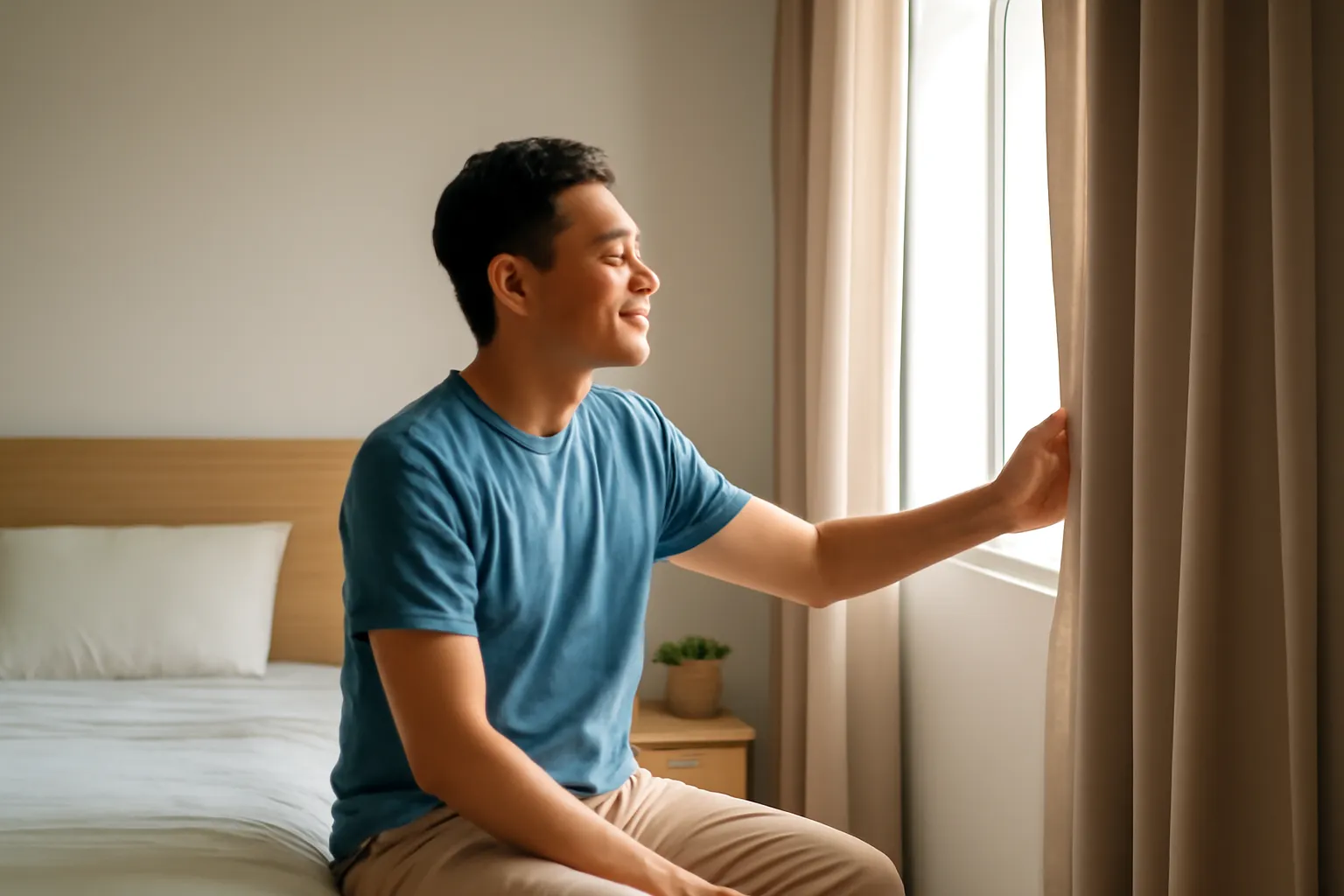 Người đàn ông ngồi mép giường kéo rèm cửa đón nắng sớm