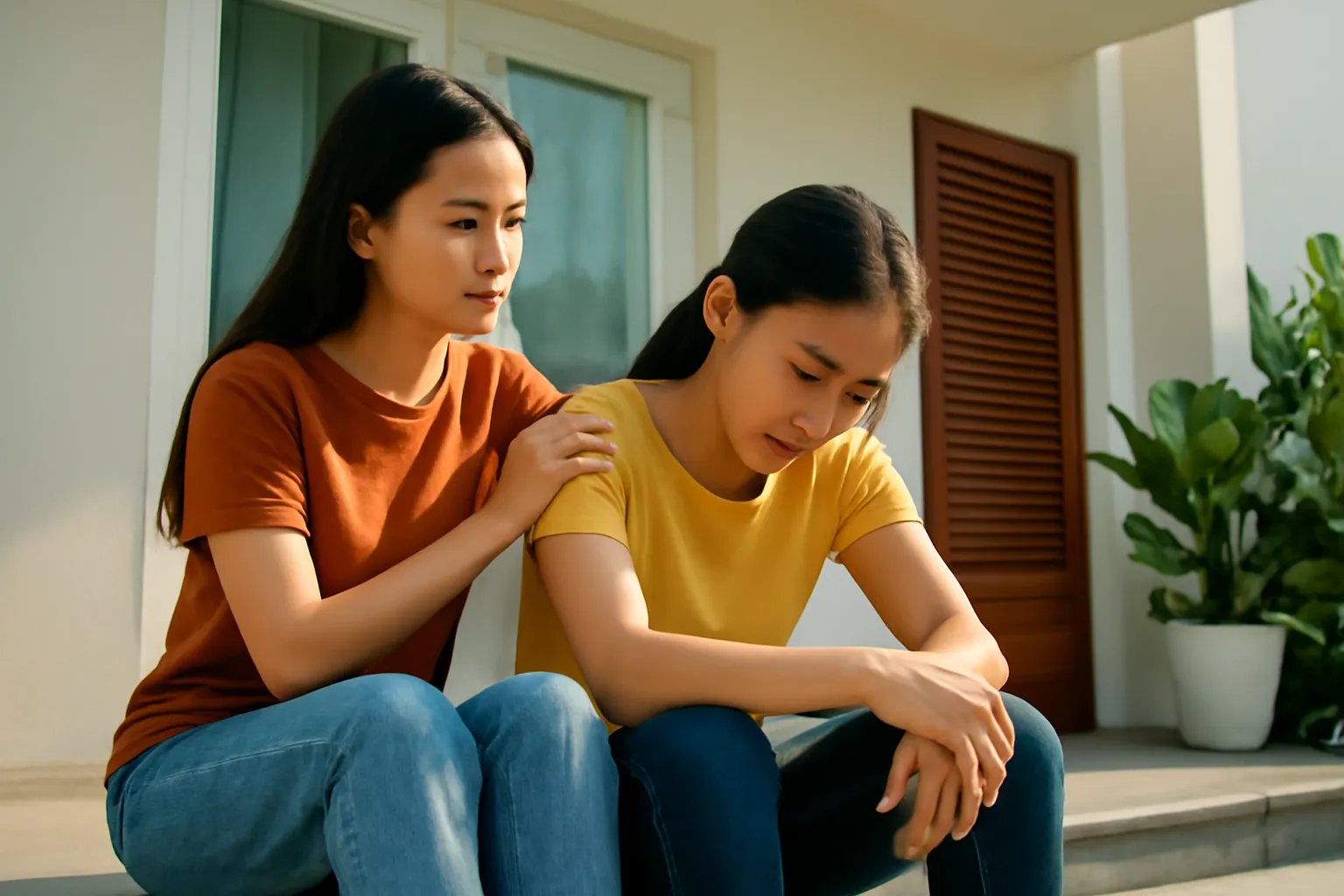 Hai người bạn ngồi bậc thềm, một người khoác vai người kia