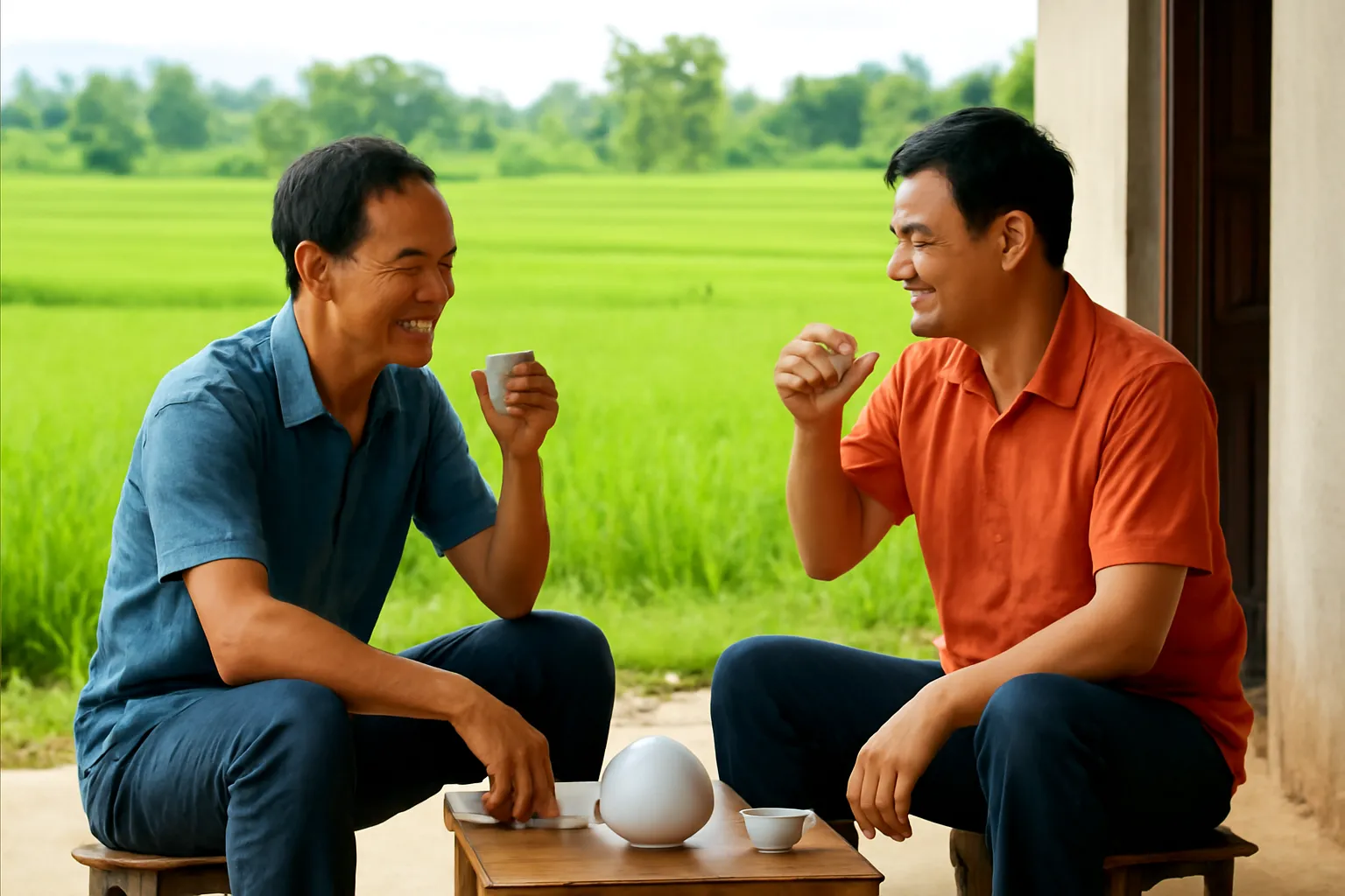 Hai anh em ngồi uống trà ở hiên nhà quê buổi chiều