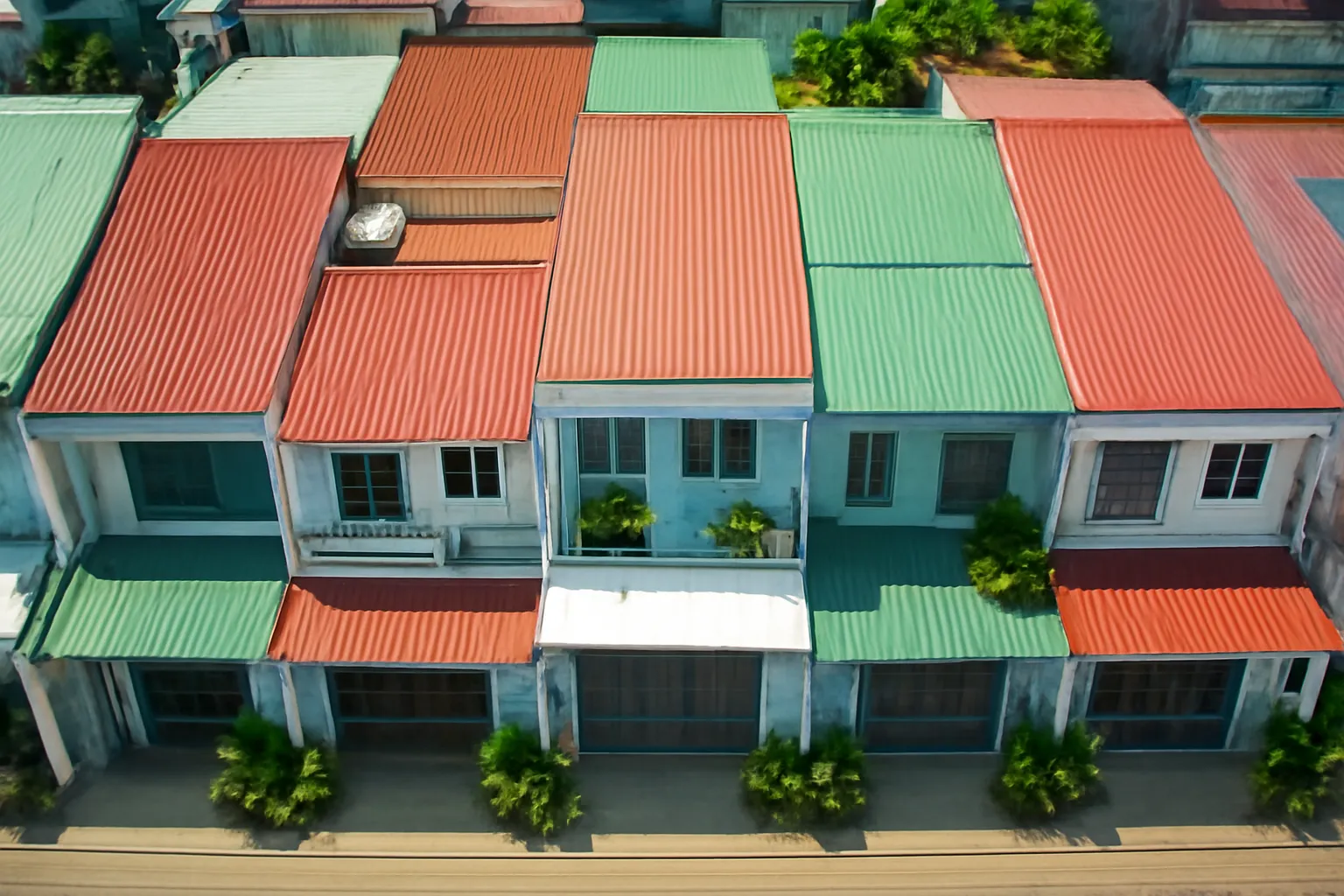 Dãy nhà mái tôn ngoại ô dưới nắng nhìn từ trên cao