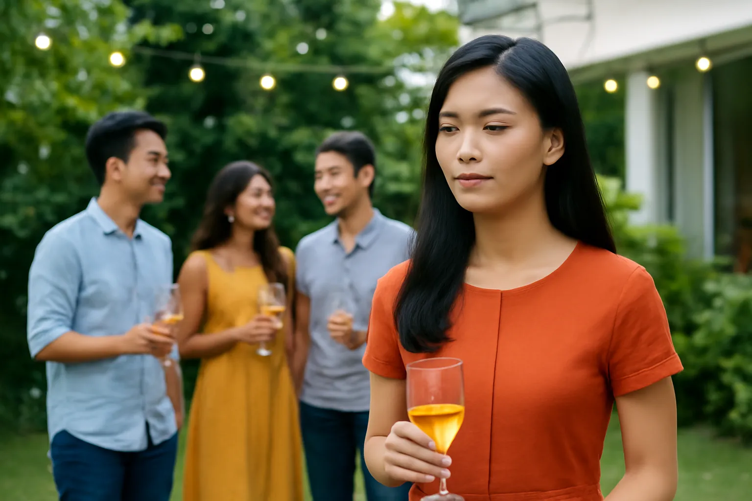 Cô gái đứng một mình ở rìa bữa tiệc ngoài trời
