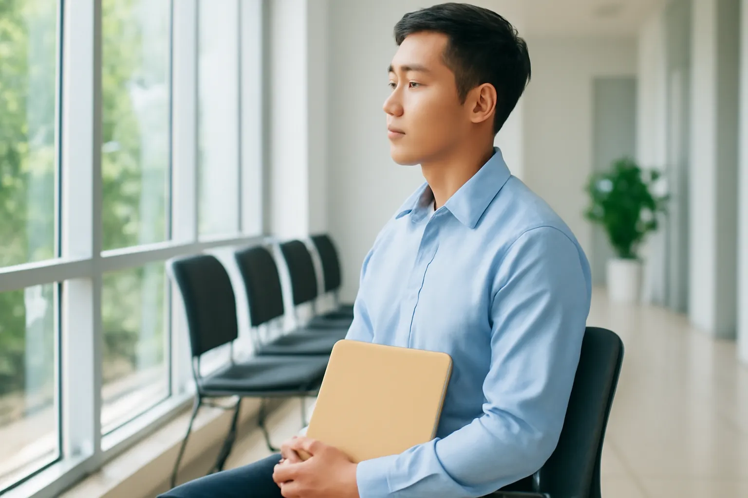 Ứng viên mặc sơ mi ngồi ghế chờ, tay cầm tập hồ sơ