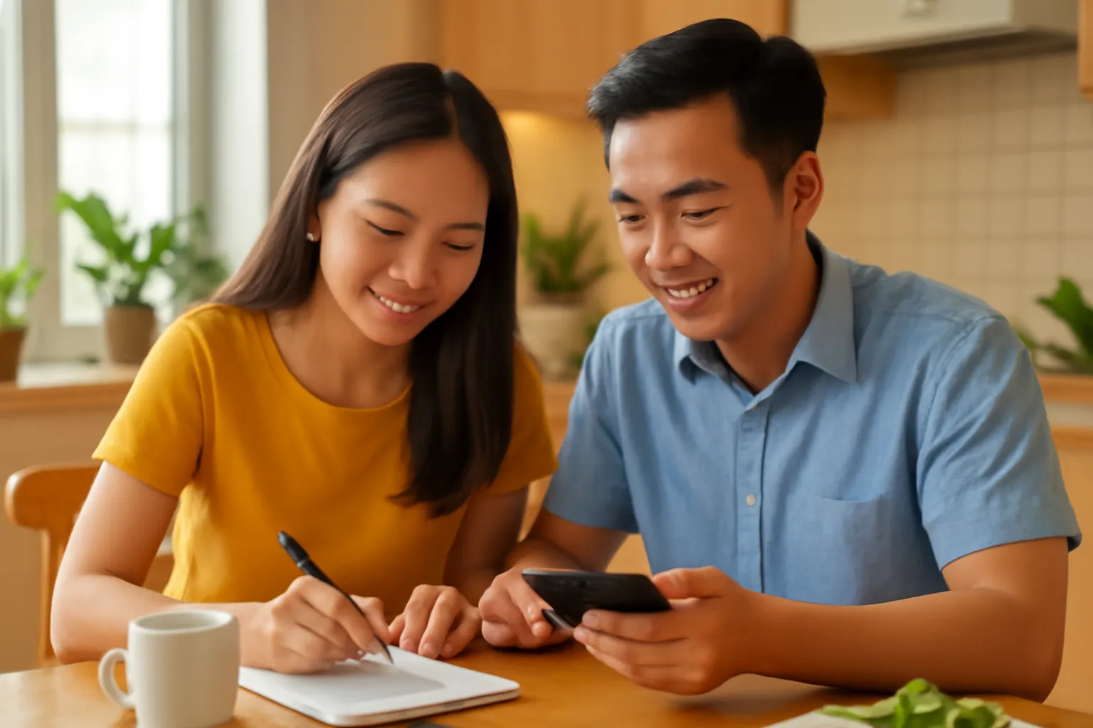 Vợ chồng trẻ ngồi bàn ăn cùng xem sổ tay ghi chép