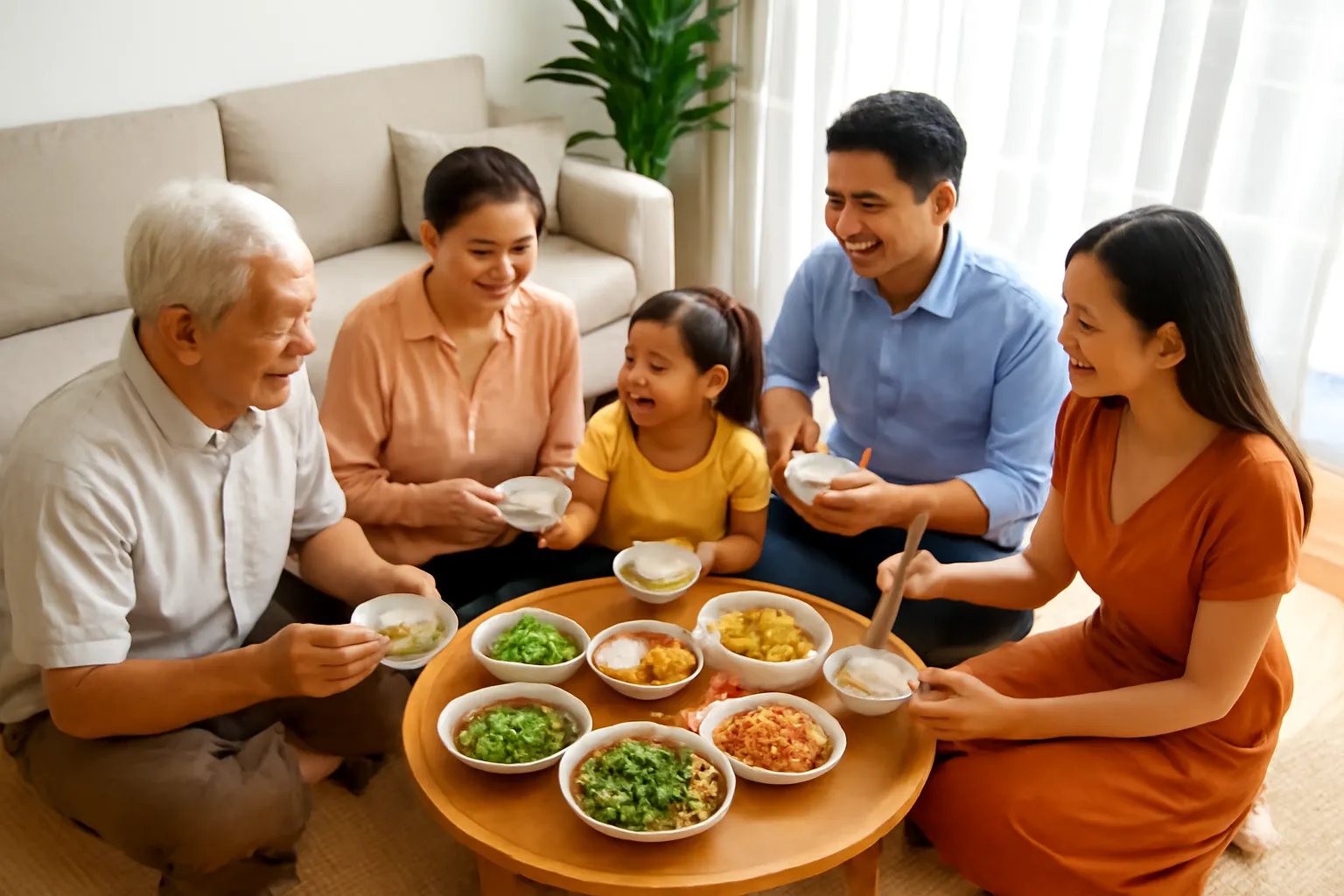 Ba thế hệ ngồi ăn cơm quanh mâm trong nhà phố