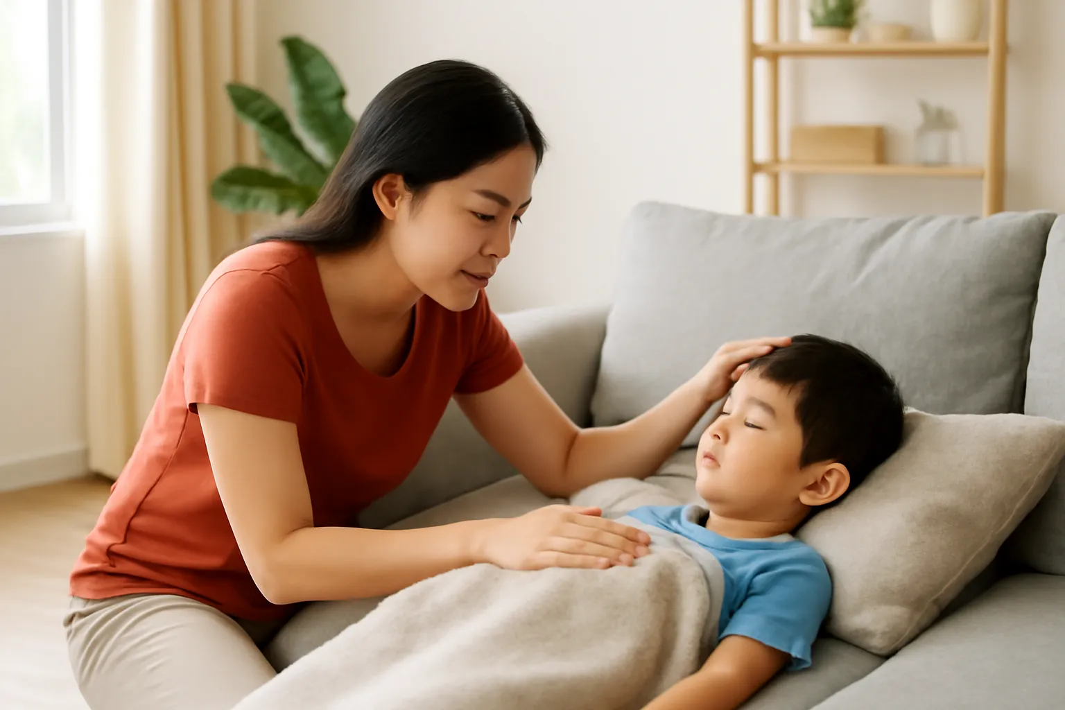 Mẹ đặt tay lên trán con trai đang nằm trên sofa phòng khách buổi sáng