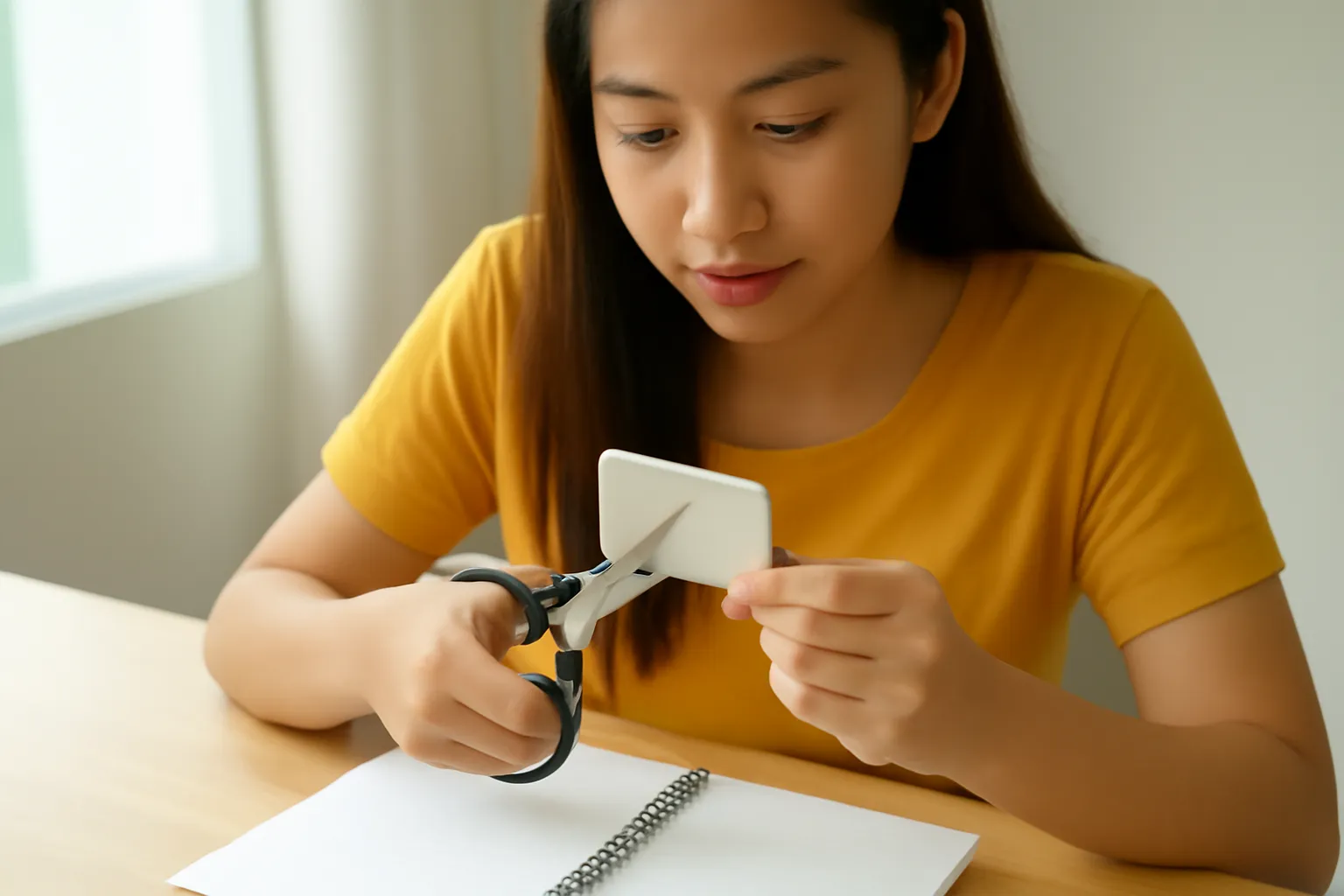 Người phụ nữ dùng kéo cắt đôi chiếc thẻ nhựa trơn bên bàn làm việc