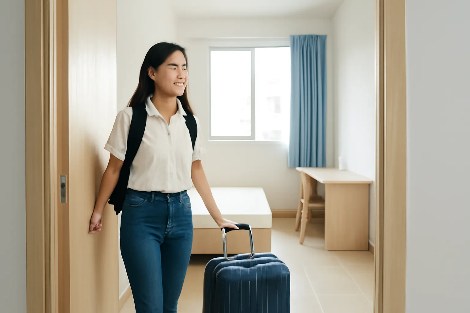 Sinh viên đứng ở cửa phòng trọ mới, va li đặt bên cạnh