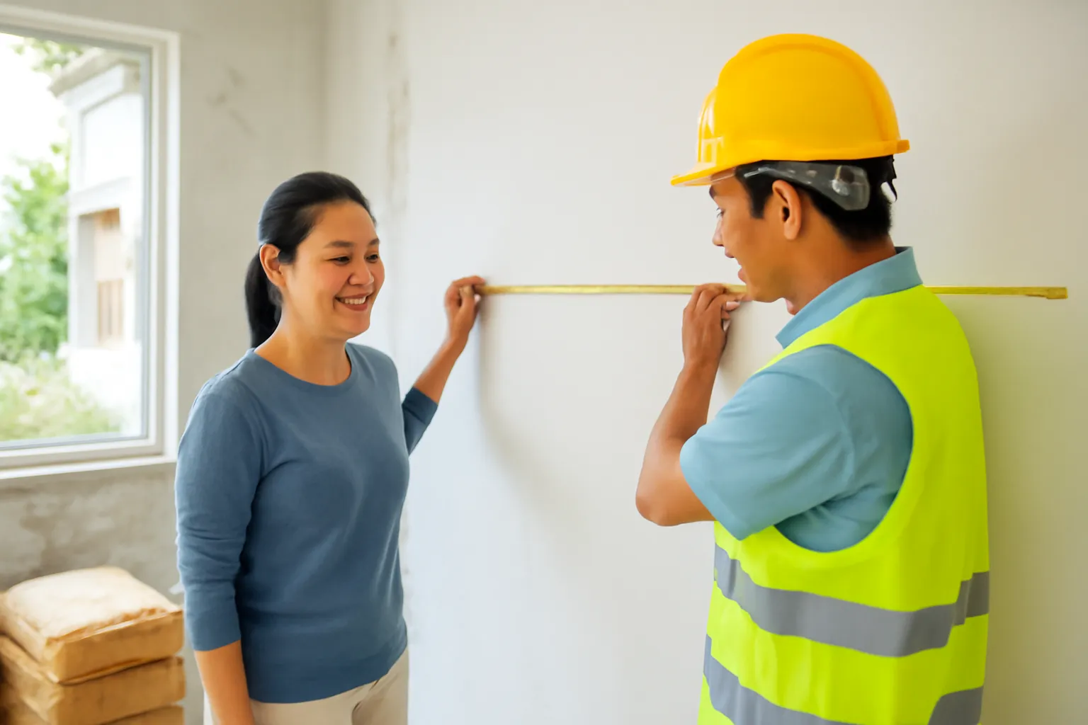 Chủ nhà và thợ cùng đo đạc căn phòng đang sửa