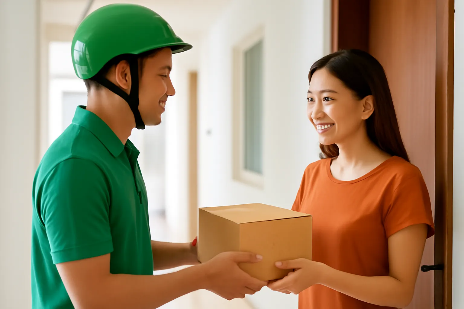 Người giao hàng trao gói hàng cho cô gái ở cửa căn hộ chung cư