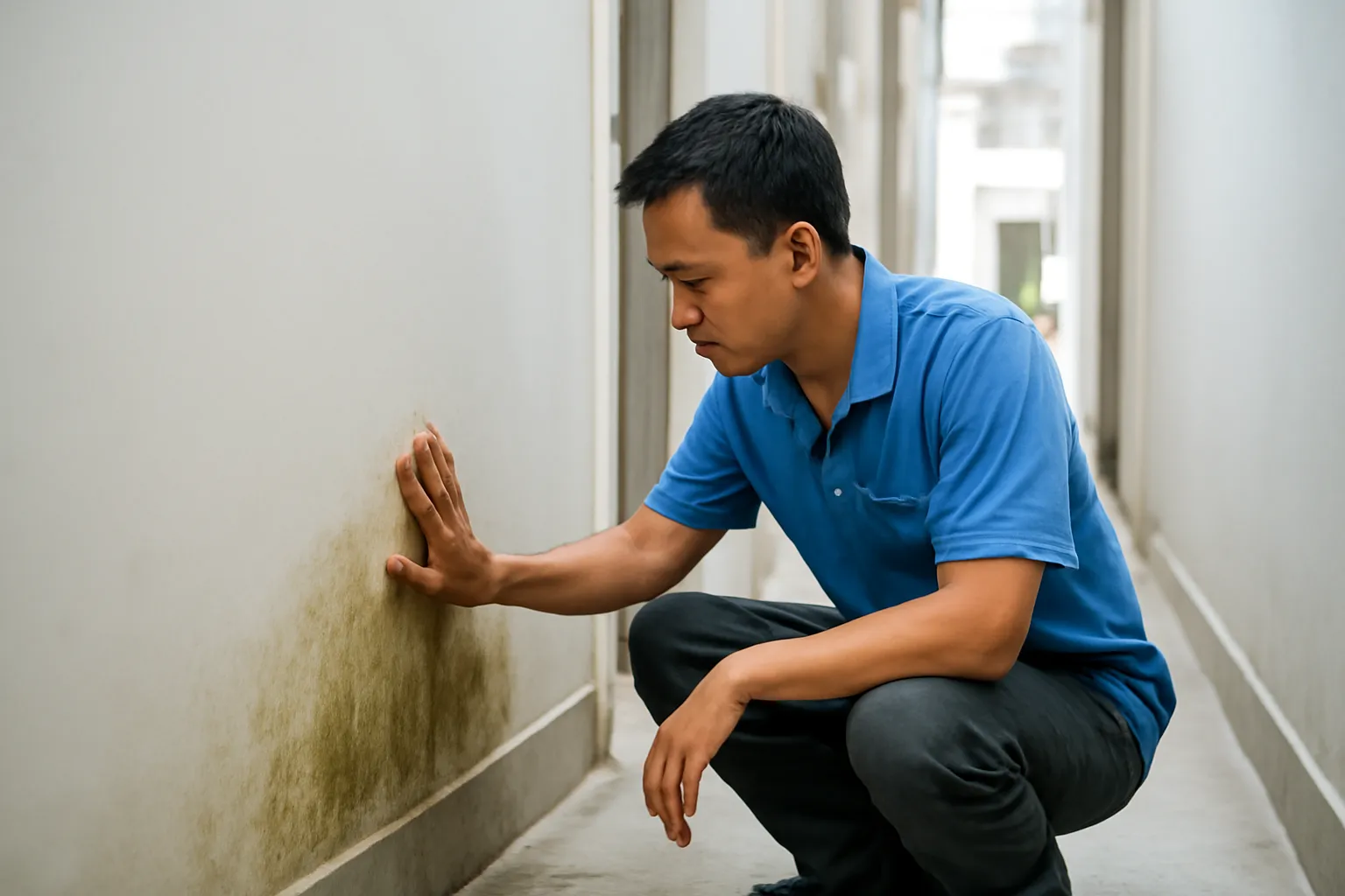 Thợ dùng tay kiểm tra vết ẩm ở chân tường nhà ống