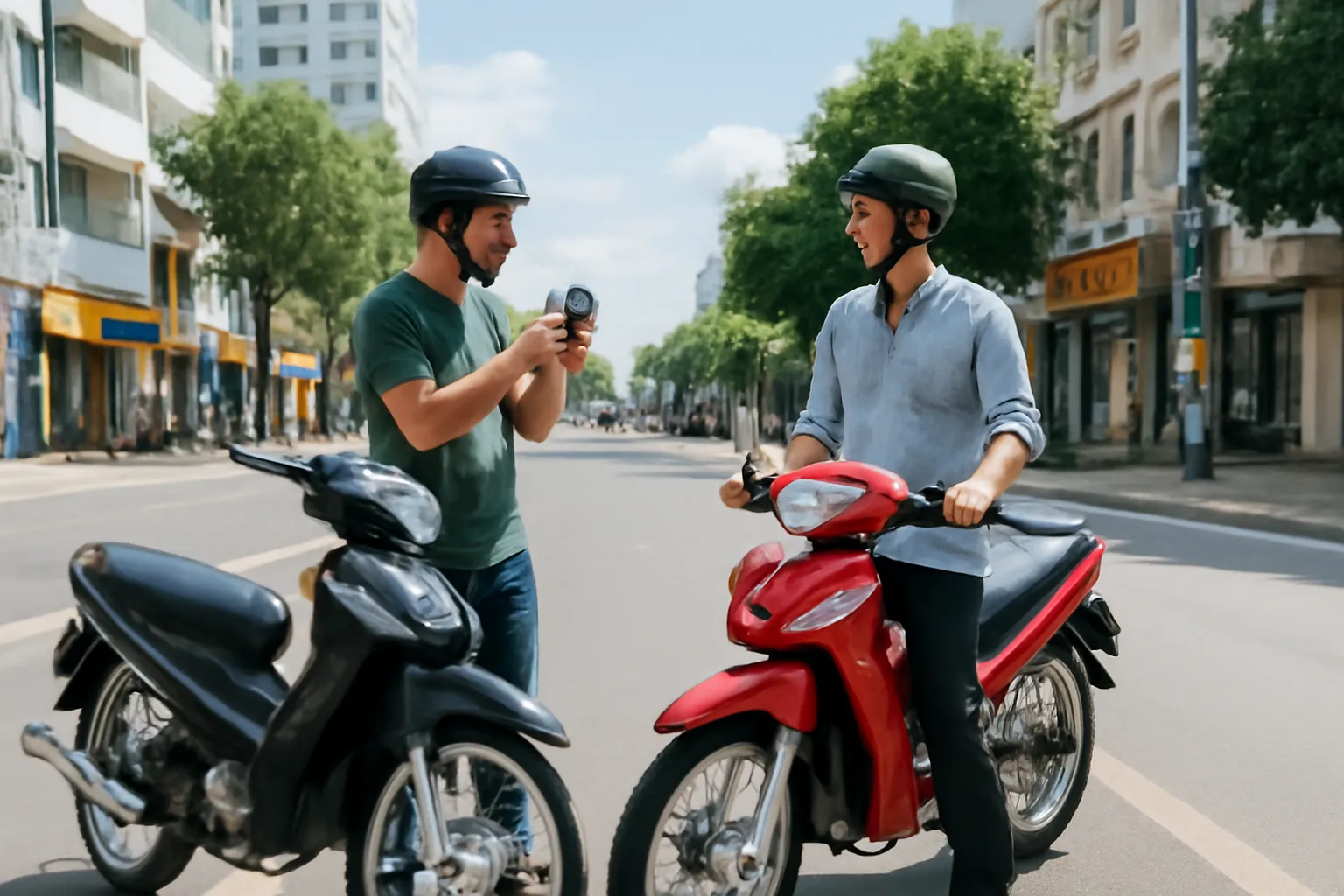 Hai người lái xe máy dừng sát lề đường, nói chuyện bình tĩnh